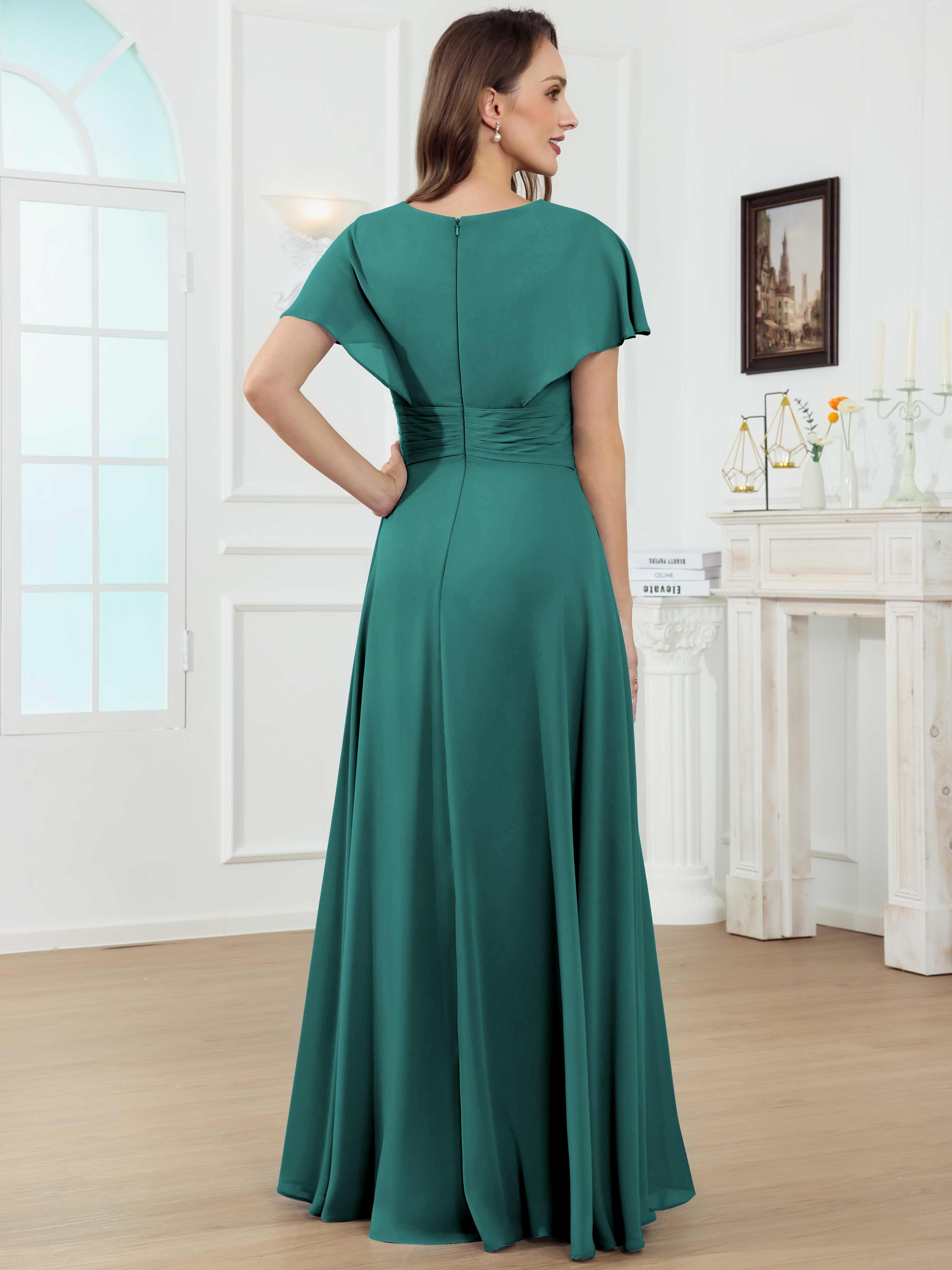 ROVDESY A-Line V-Neck Pleated Lace Chiffon Mother Of The Bride Dress With Short Sleeves