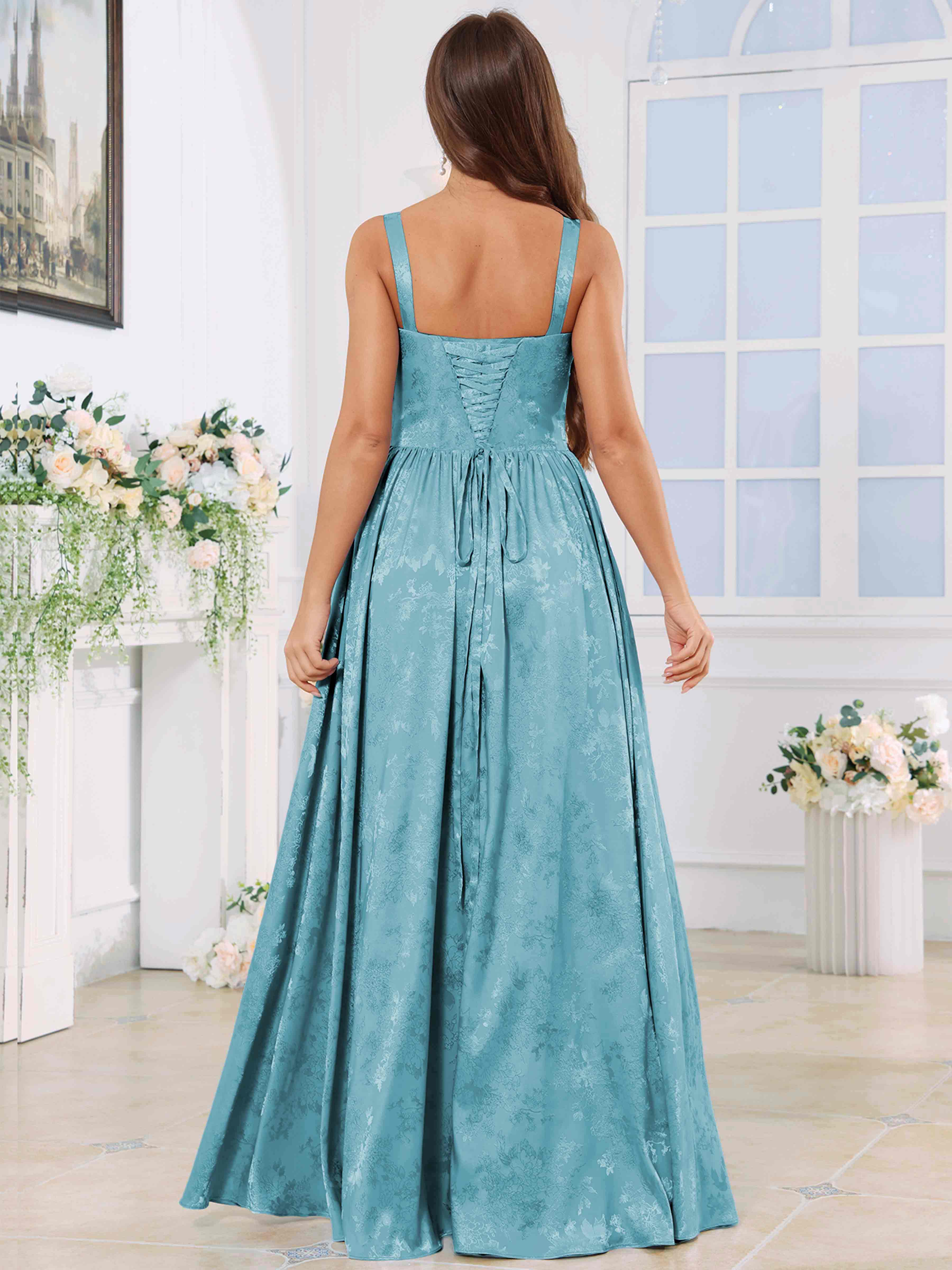 ROVDESY A-Line Spaghetti Straps Pleated Jacquard Satin Bridesmaid/Prom Dress With Slit