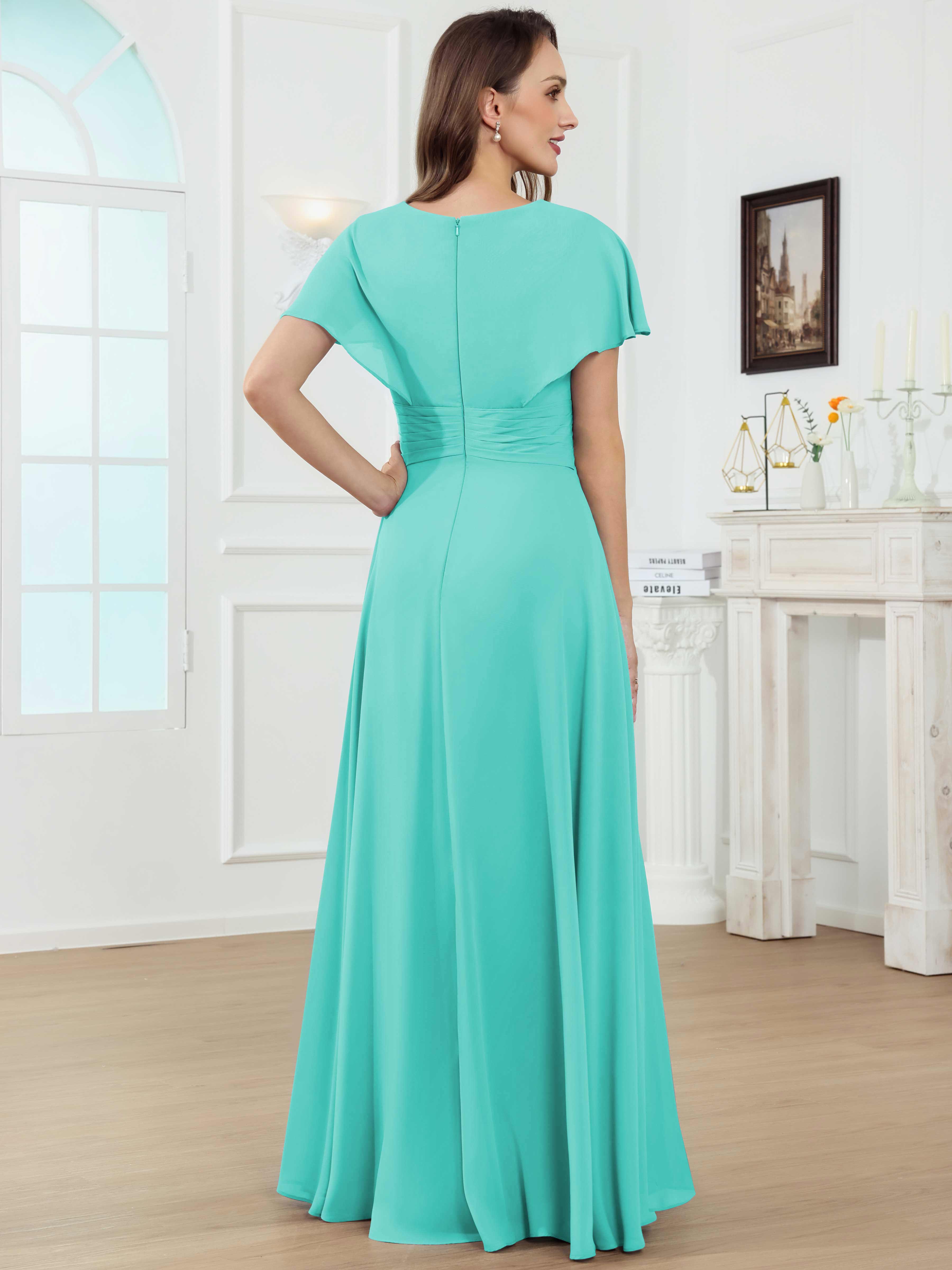 ROVDESY A-Line V-Neck Pleated Lace Chiffon Mother Of The Bride Dress With Short Sleeves