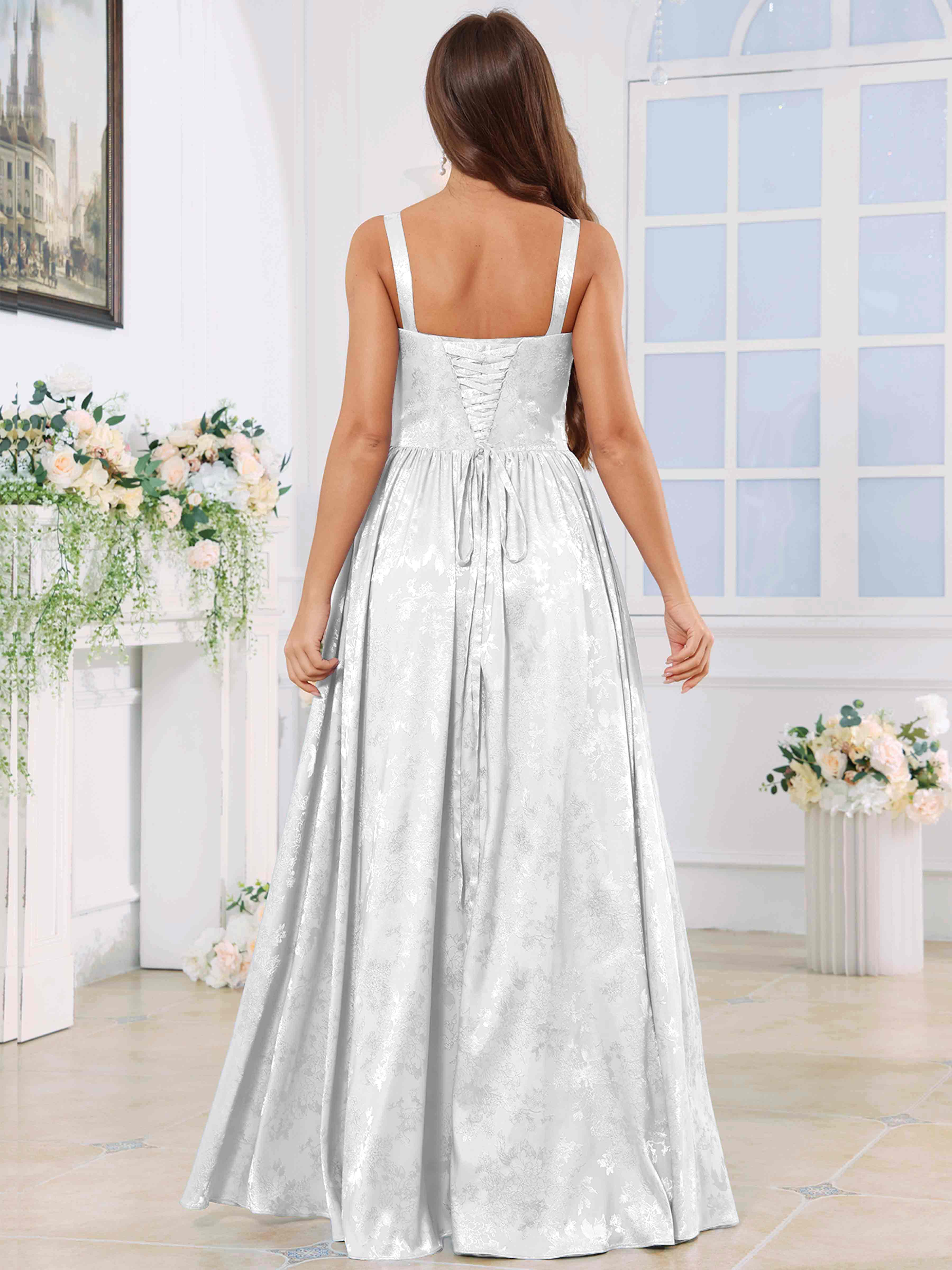 ROVDESY A-Line Spaghetti Straps Pleated Jacquard Satin Bridesmaid/Prom Dress With Slit