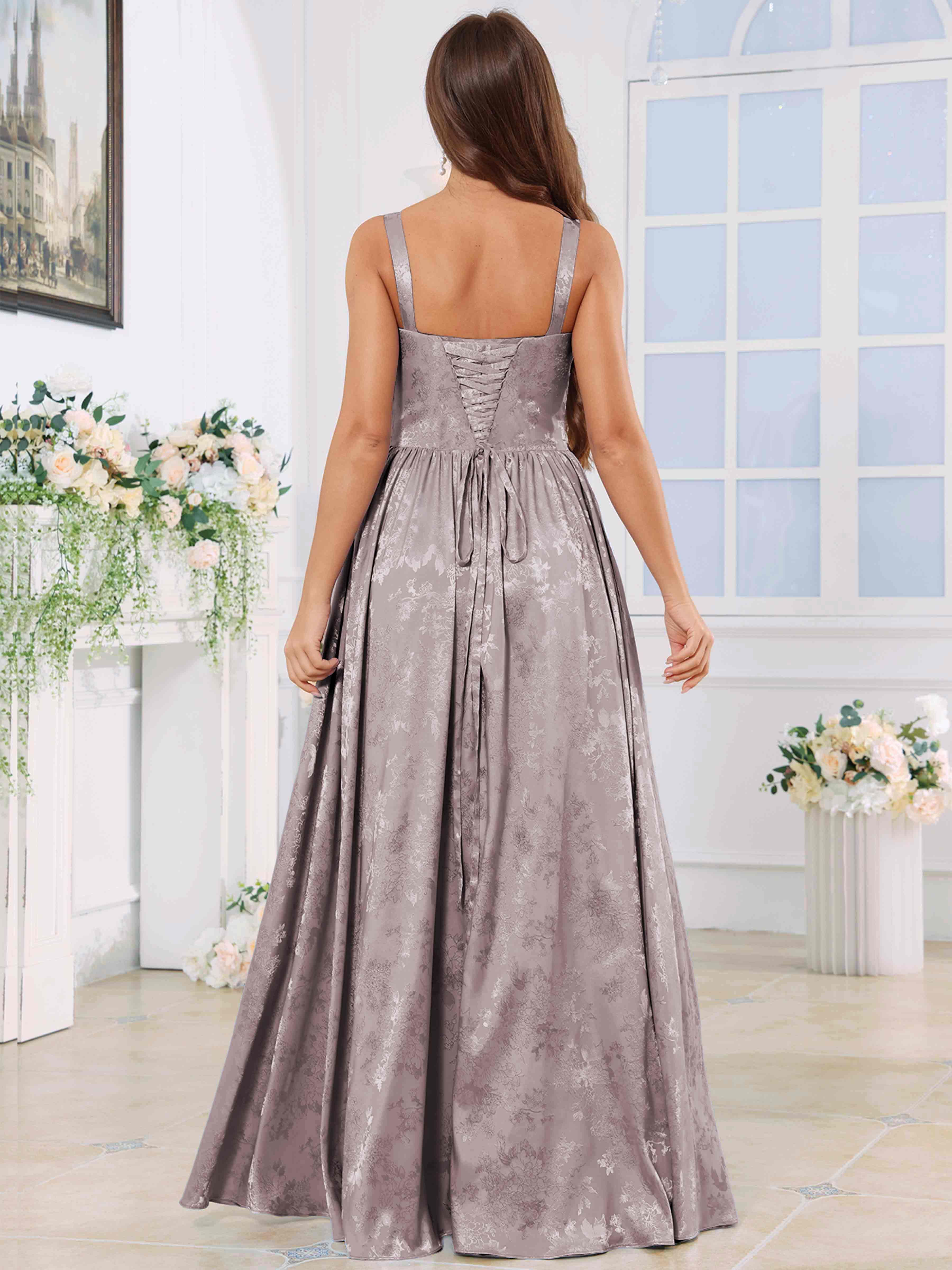 ROVDESY A-Line Spaghetti Straps Pleated Jacquard Satin Bridesmaid/Prom Dress With Slit