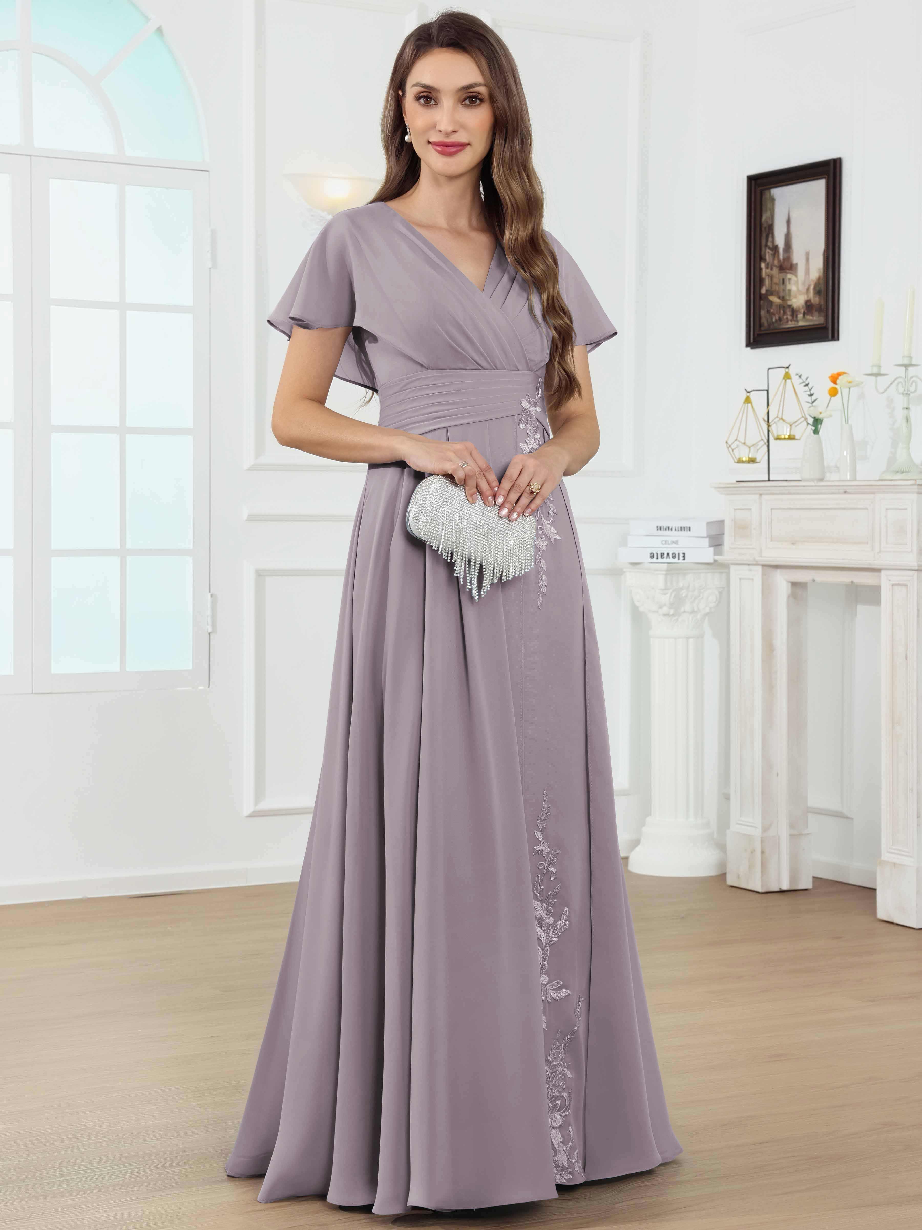 ROVDESY A-Line V-Neck Pleated Lace Chiffon Mother Of The Bride Dress With Short Sleeves