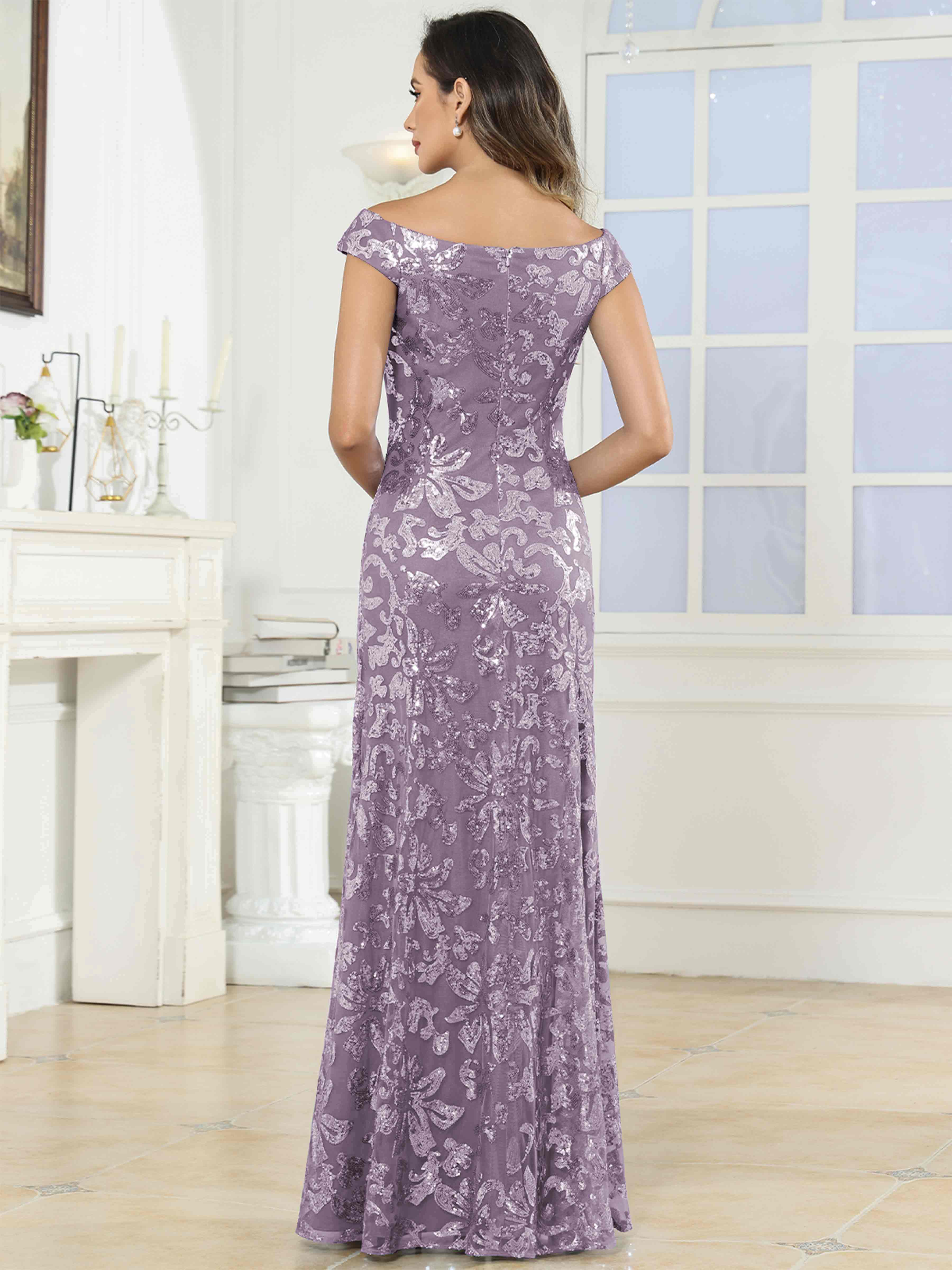ROVDESY Off-The-Shoulder Mermaid Sequin Mother Of The Bride Dress Formal Gown