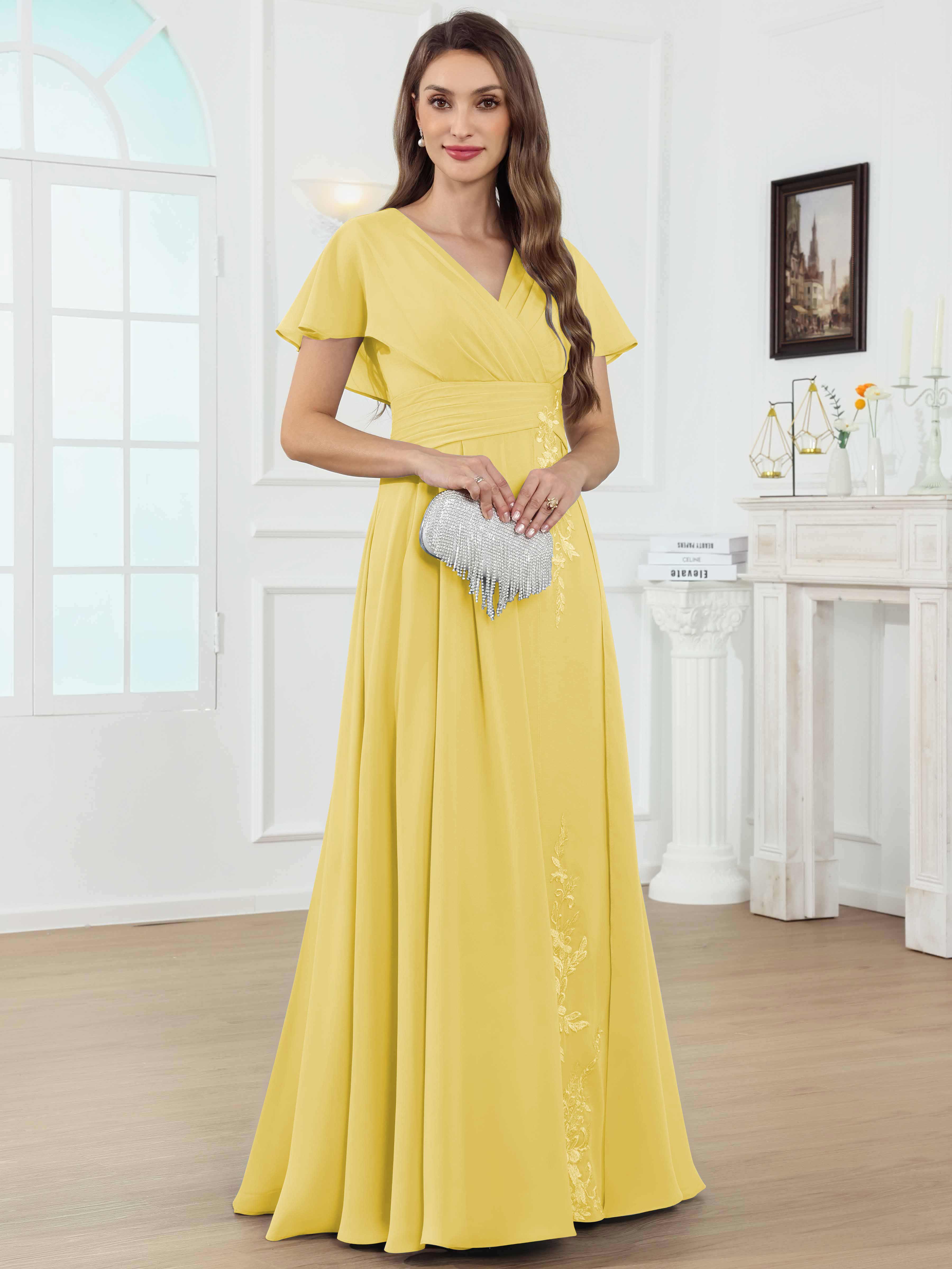 ROVDESY A-Line V-Neck Pleated Lace Chiffon Mother Of The Bride Dress With Short Sleeves