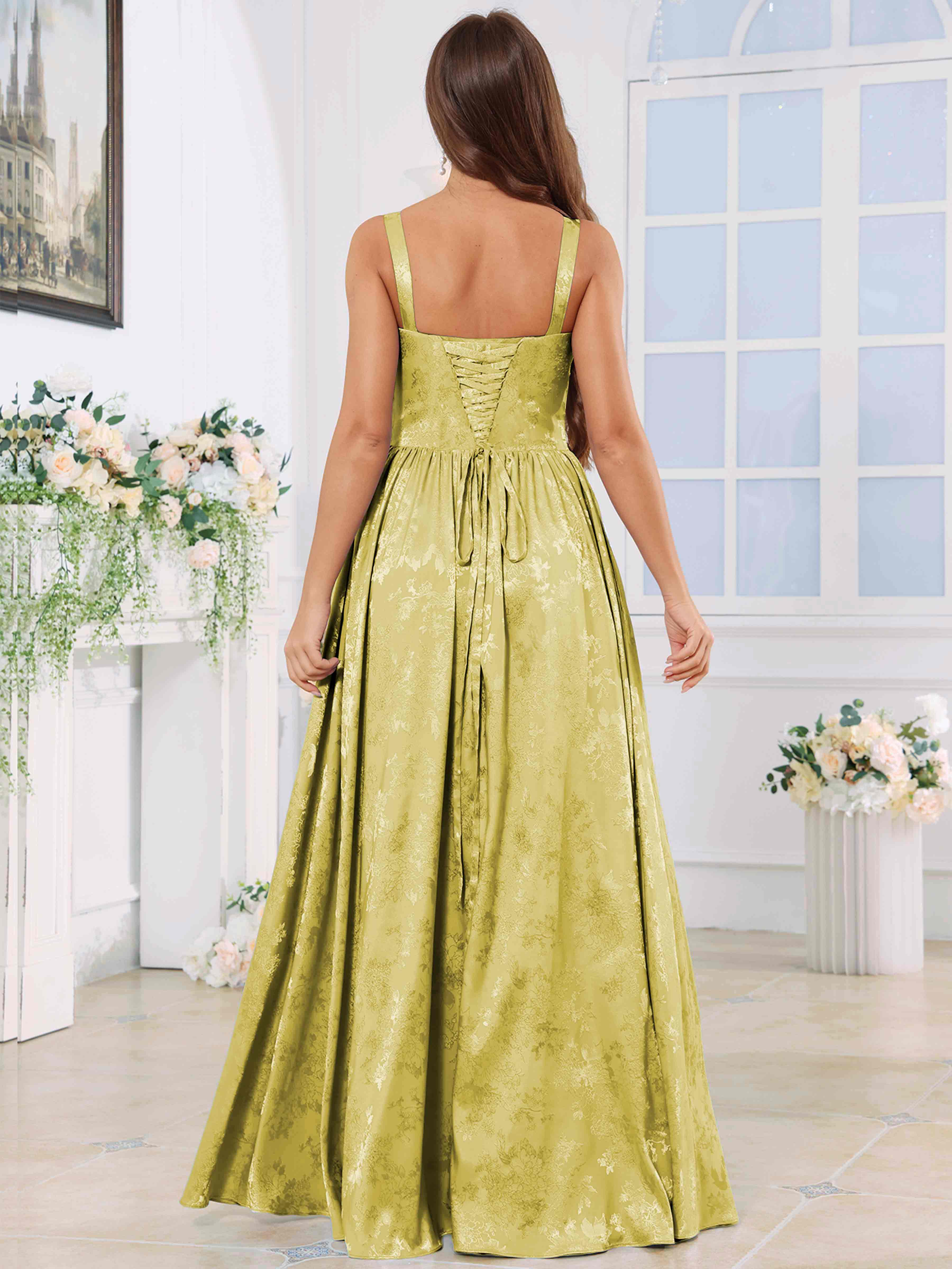 ROVDESY A-Line Spaghetti Straps Pleated Jacquard Satin Bridesmaid/Prom Dress With Slit