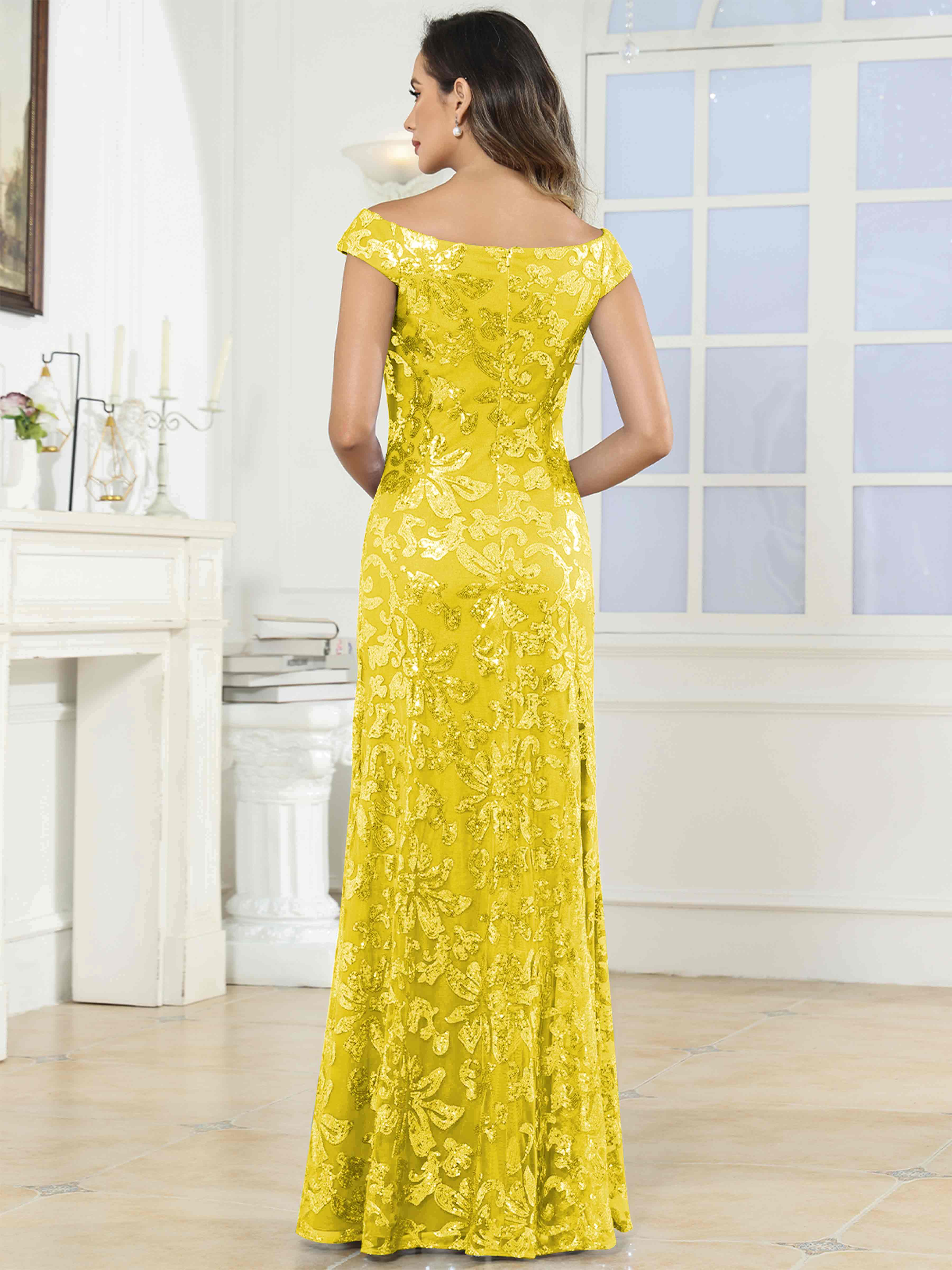 ROVDESY Off-The-Shoulder Mermaid Sequin Mother Of The Bride Dress Formal Gown