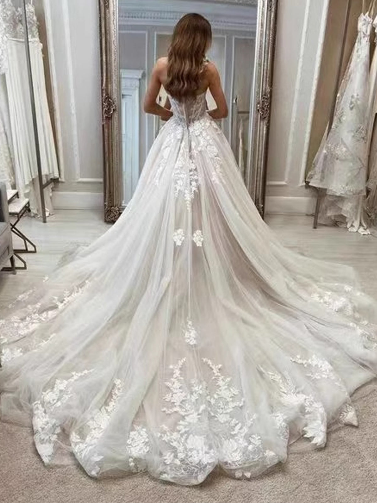 Strapless Sweetheart Lace Applique A-Line Wedding Dress with Cathedral Train