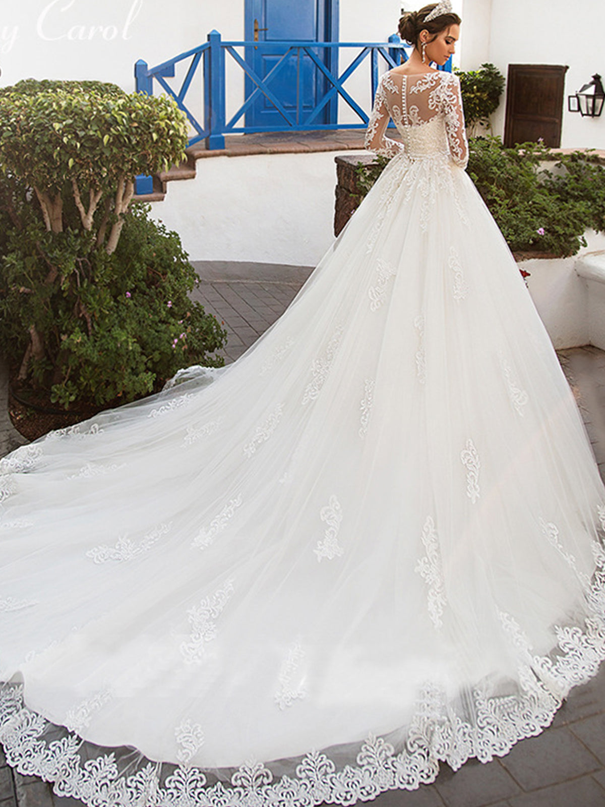 Long Sleeve Illusion Neck Lace A-Line Wedding Dress with Cathedral Train