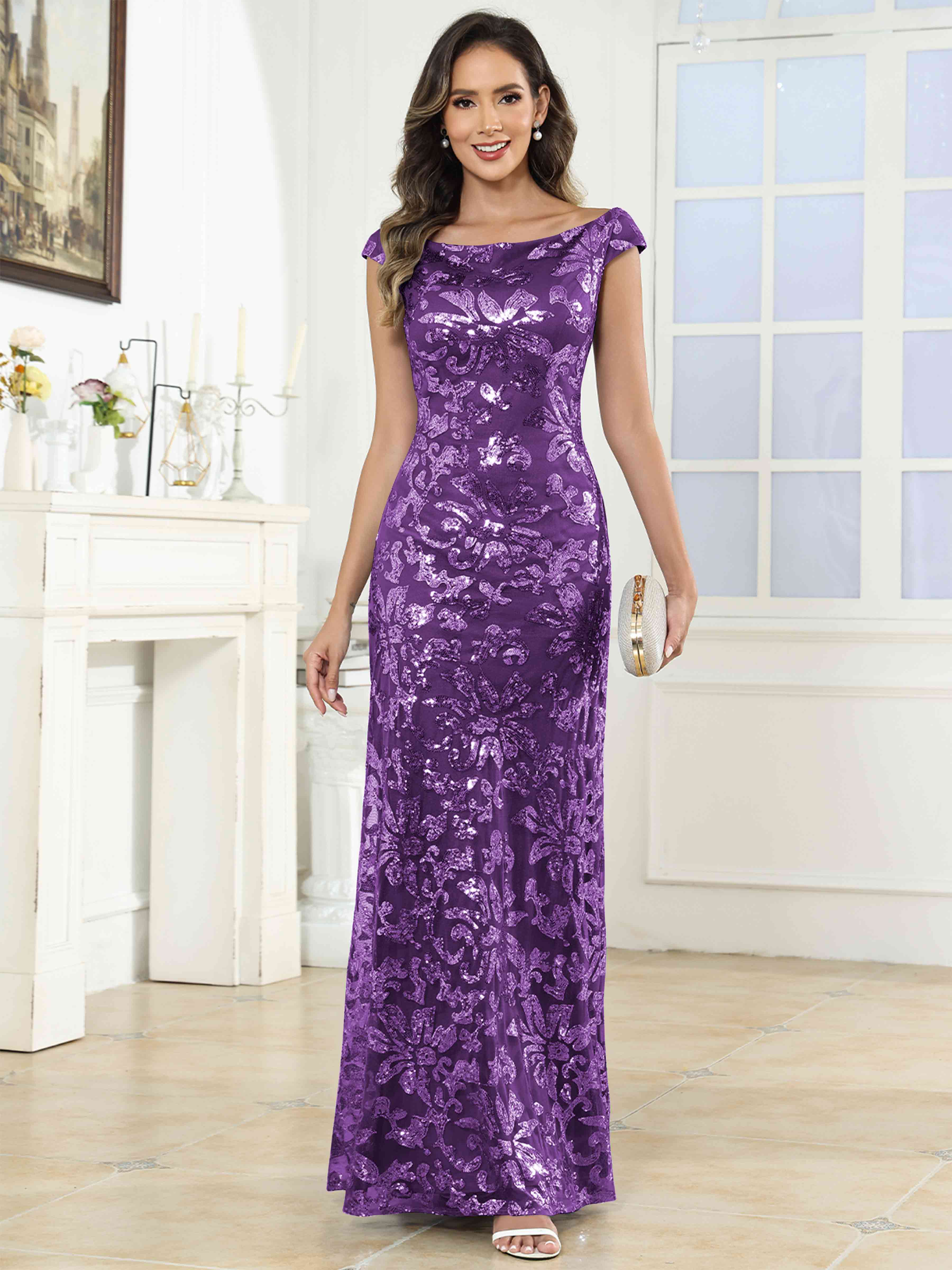 ROVDESY Off-The-Shoulder Mermaid Sequin Mother Of The Bride Dress Formal Gown