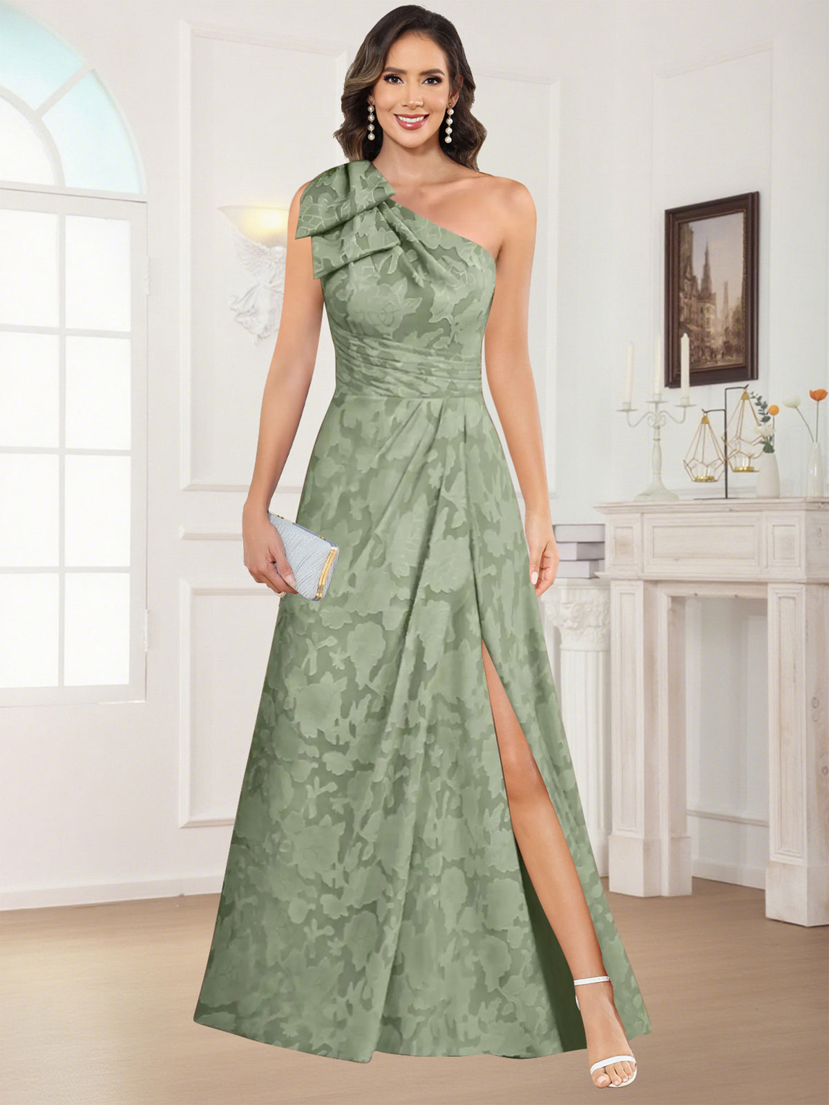 One Shoulder Floral Jacquard Mother of the Bride Dress