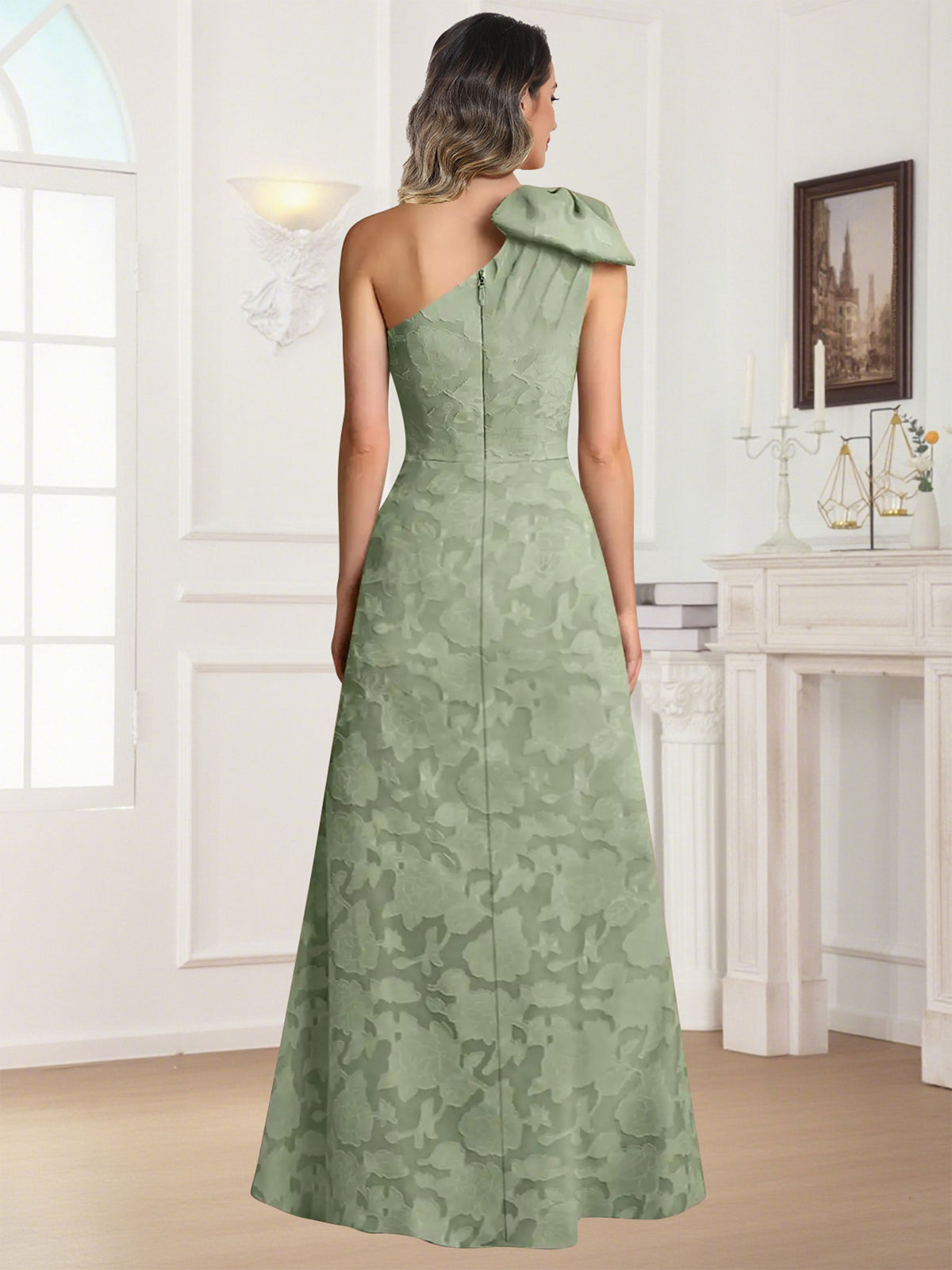 One Shoulder Floral Jacquard Mother of the Bride Dress