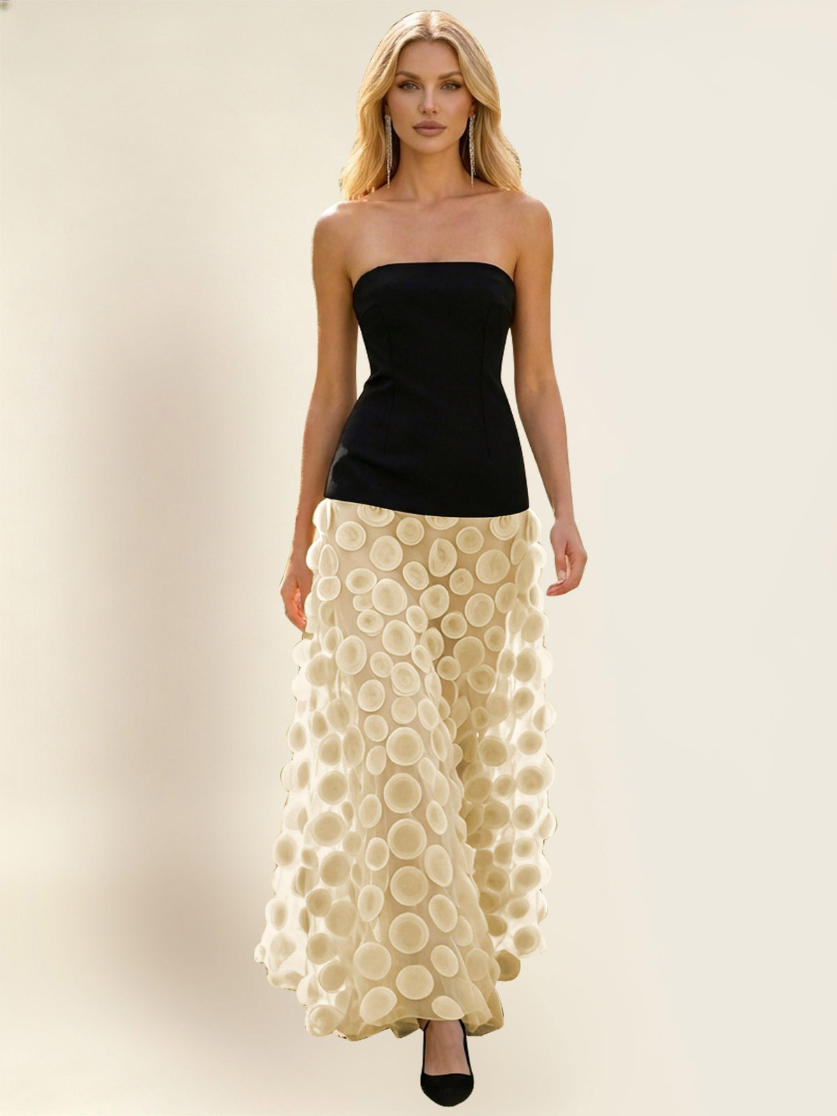 Strapless Contrast 3D Circle Applique Maxi Evening Gown