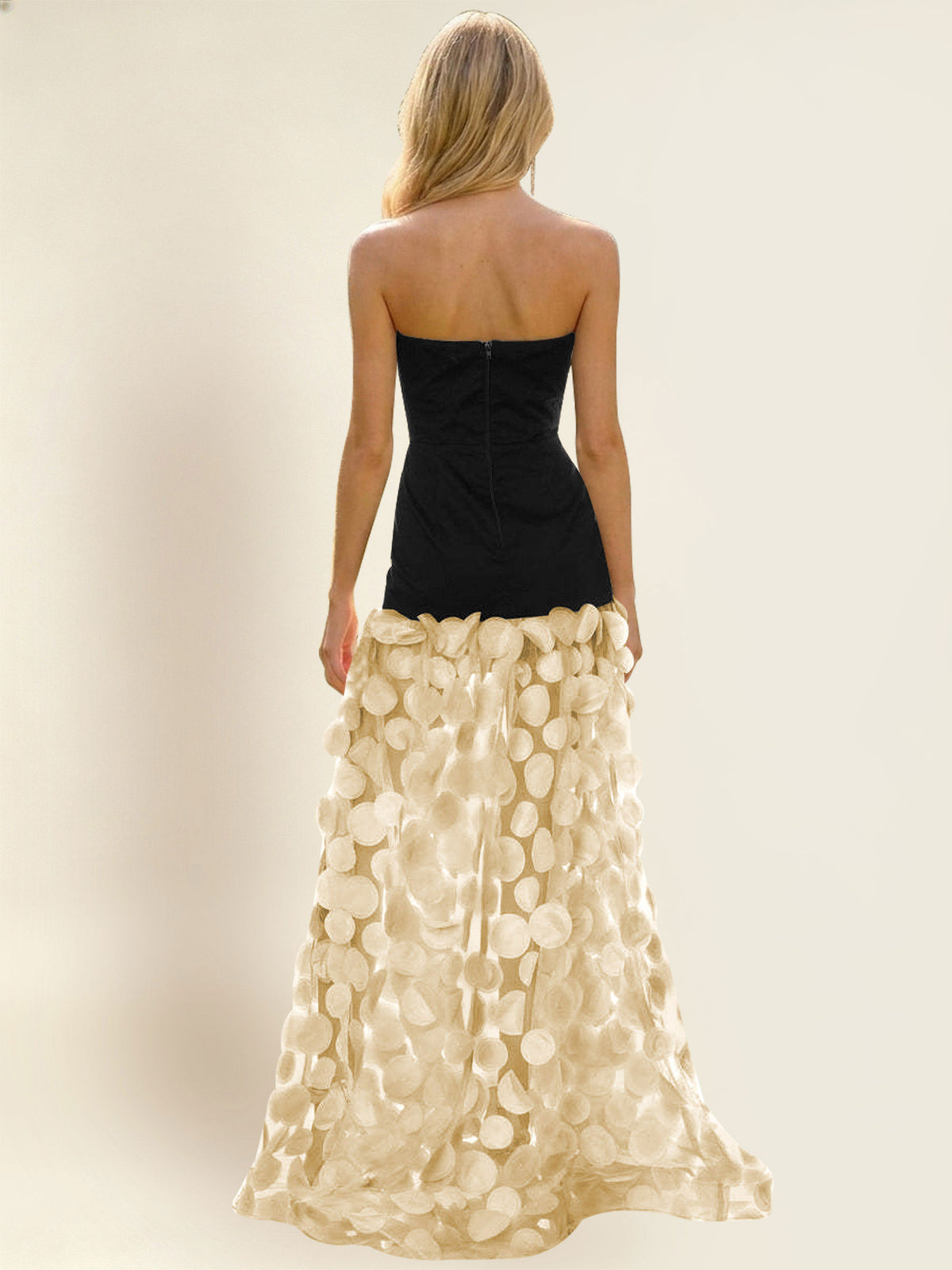 Strapless Contrast 3D Circle Applique Maxi Evening Gown