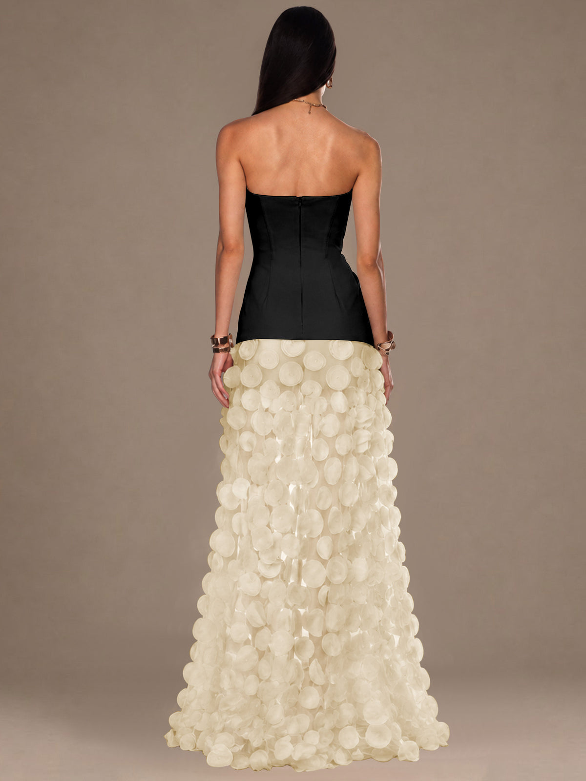 Strapless Contrast 3D Circle Applique Maxi Evening Gown