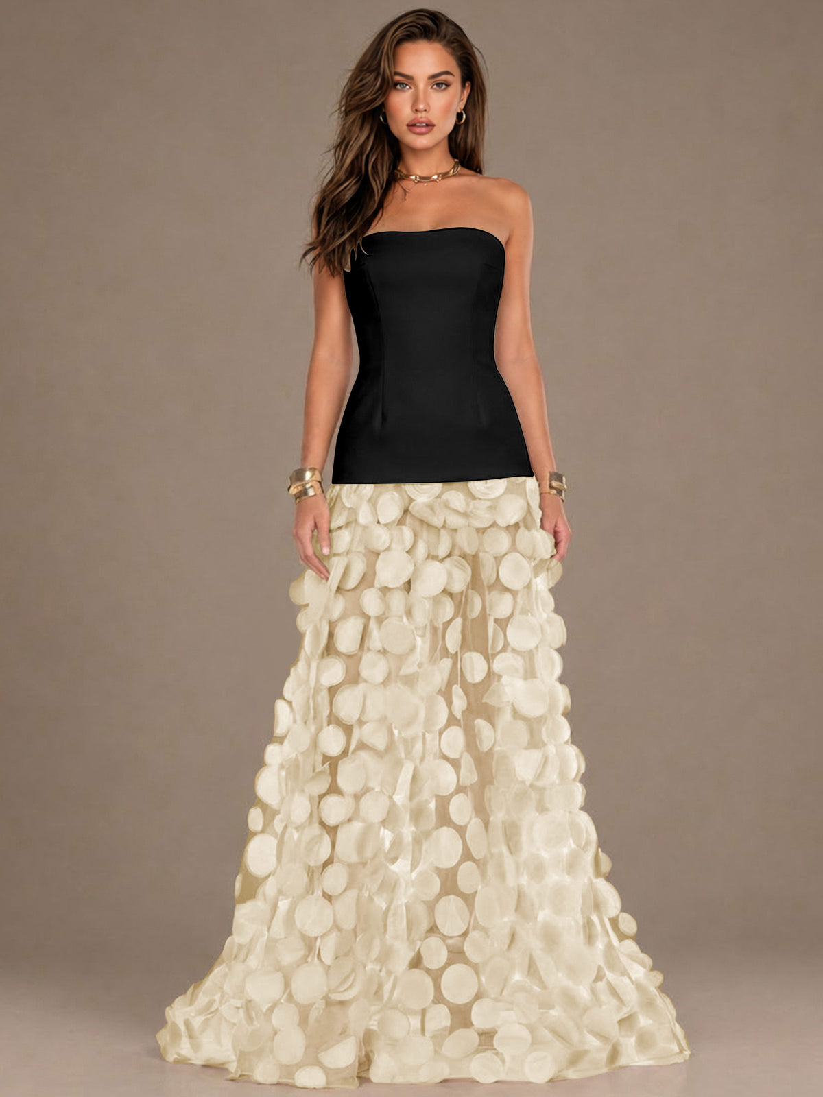 Strapless Contrast 3D Circle Applique Maxi Evening Gown