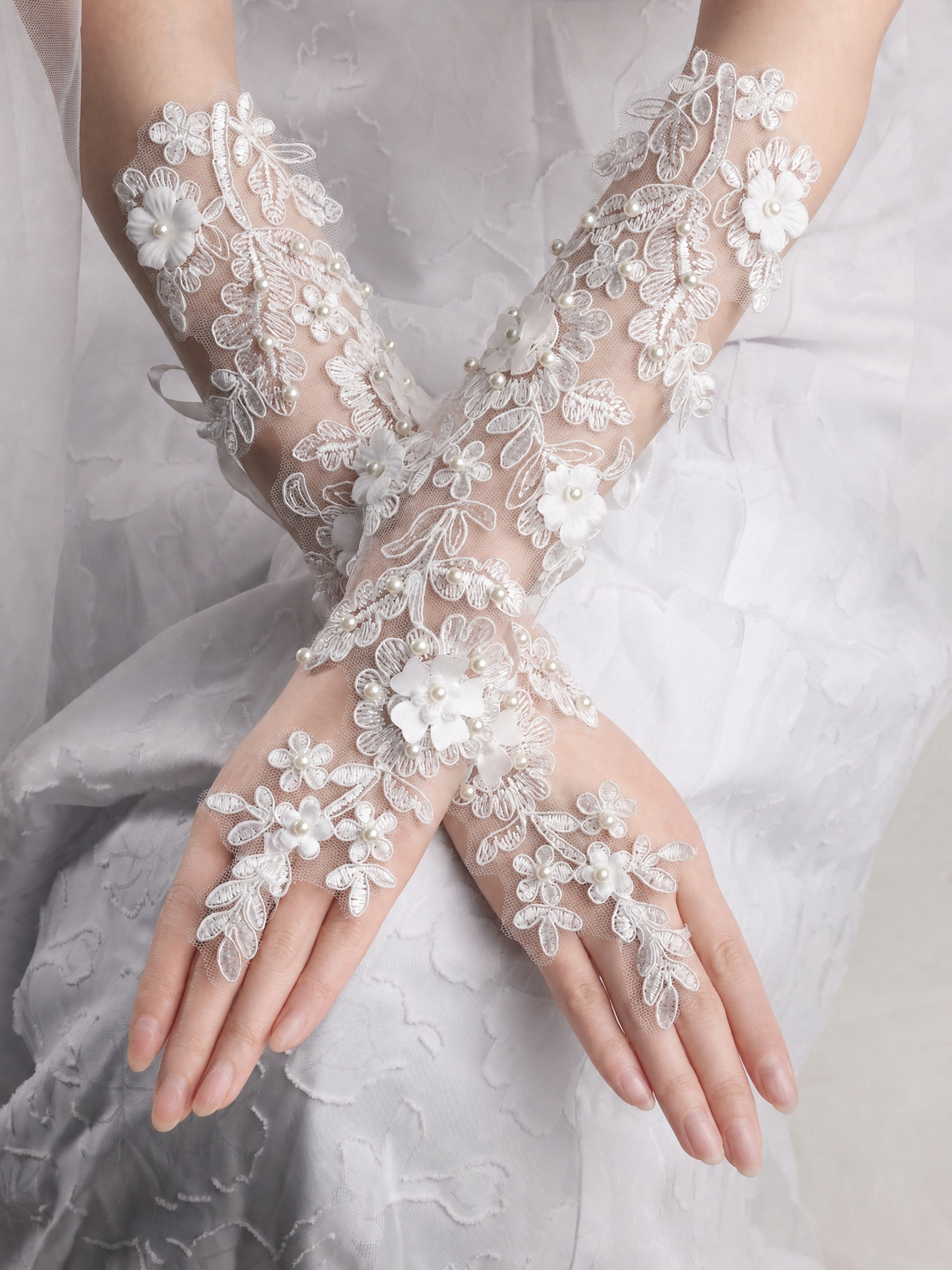ROVDESY Romantic Floral Lace Sheer Bridal Gloves with Pearl Accents