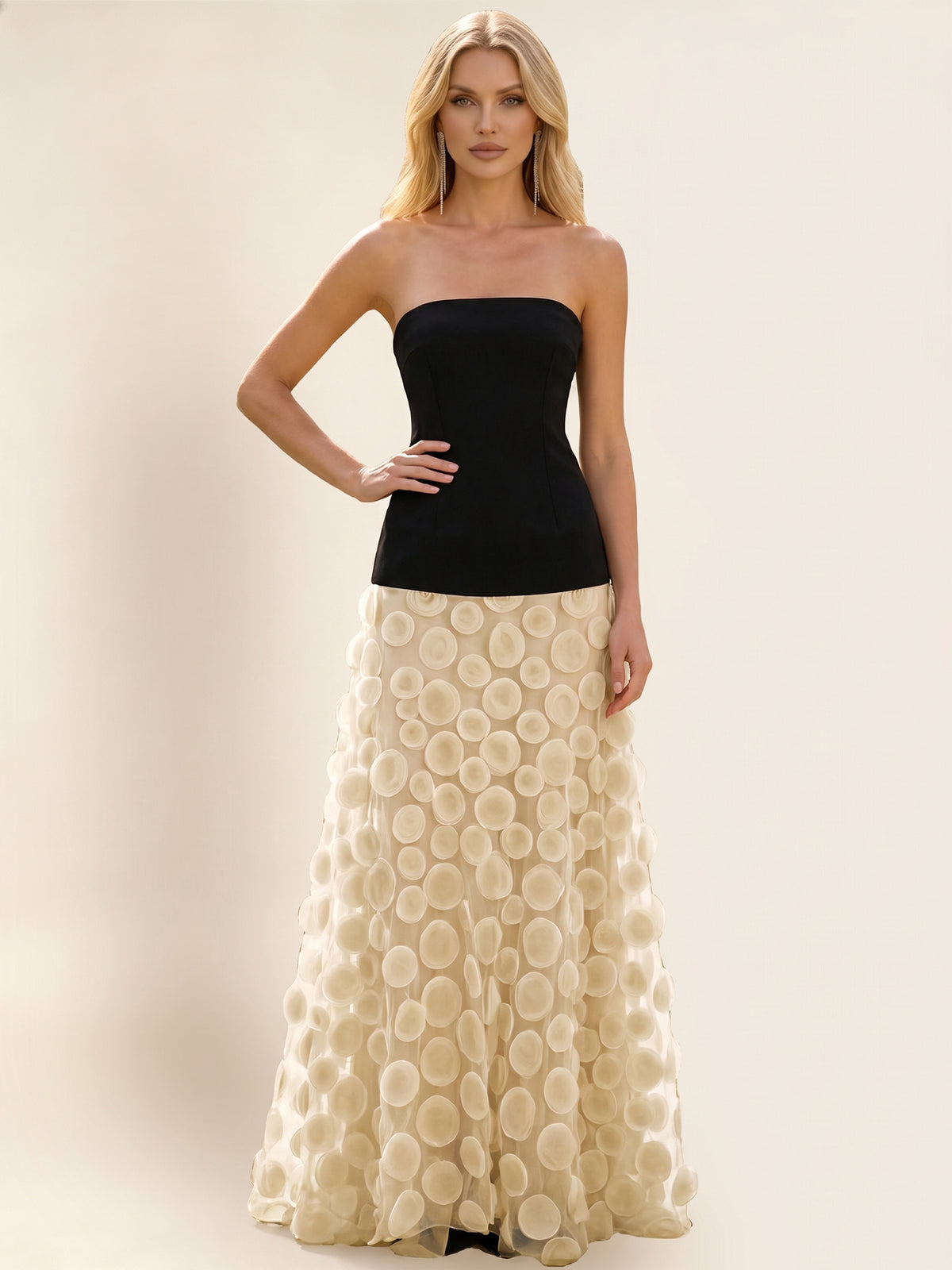 Strapless Contrast 3D Circle Applique Maxi Evening Gown