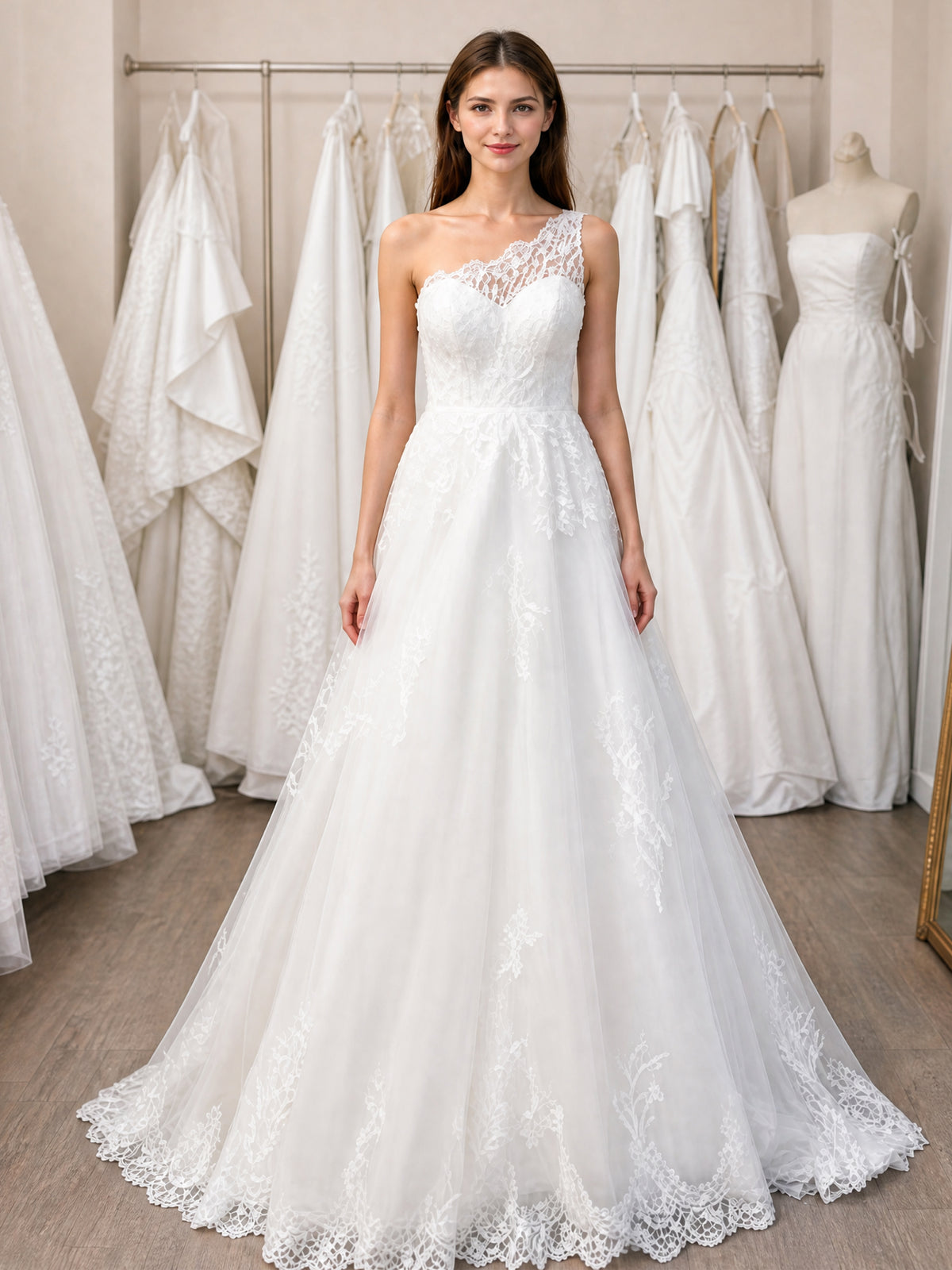One Shoulder Lace A-Line Tulle Wedding Dress Bridal Gown