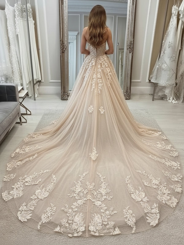 Strapless Sweetheart Lace Applique A-Line Wedding Dress with Cathedral Train