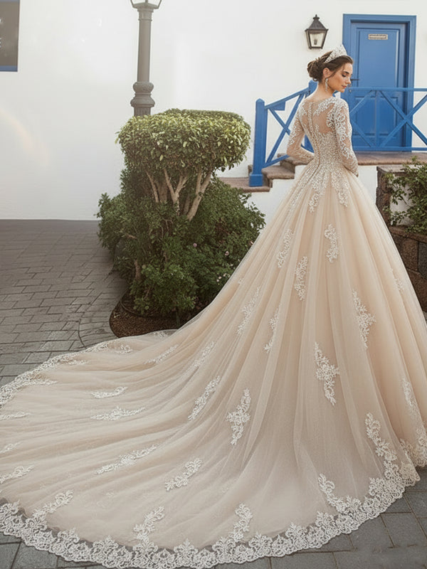 Long Sleeve Illusion Neck Lace A-Line Wedding Dress with Cathedral Train