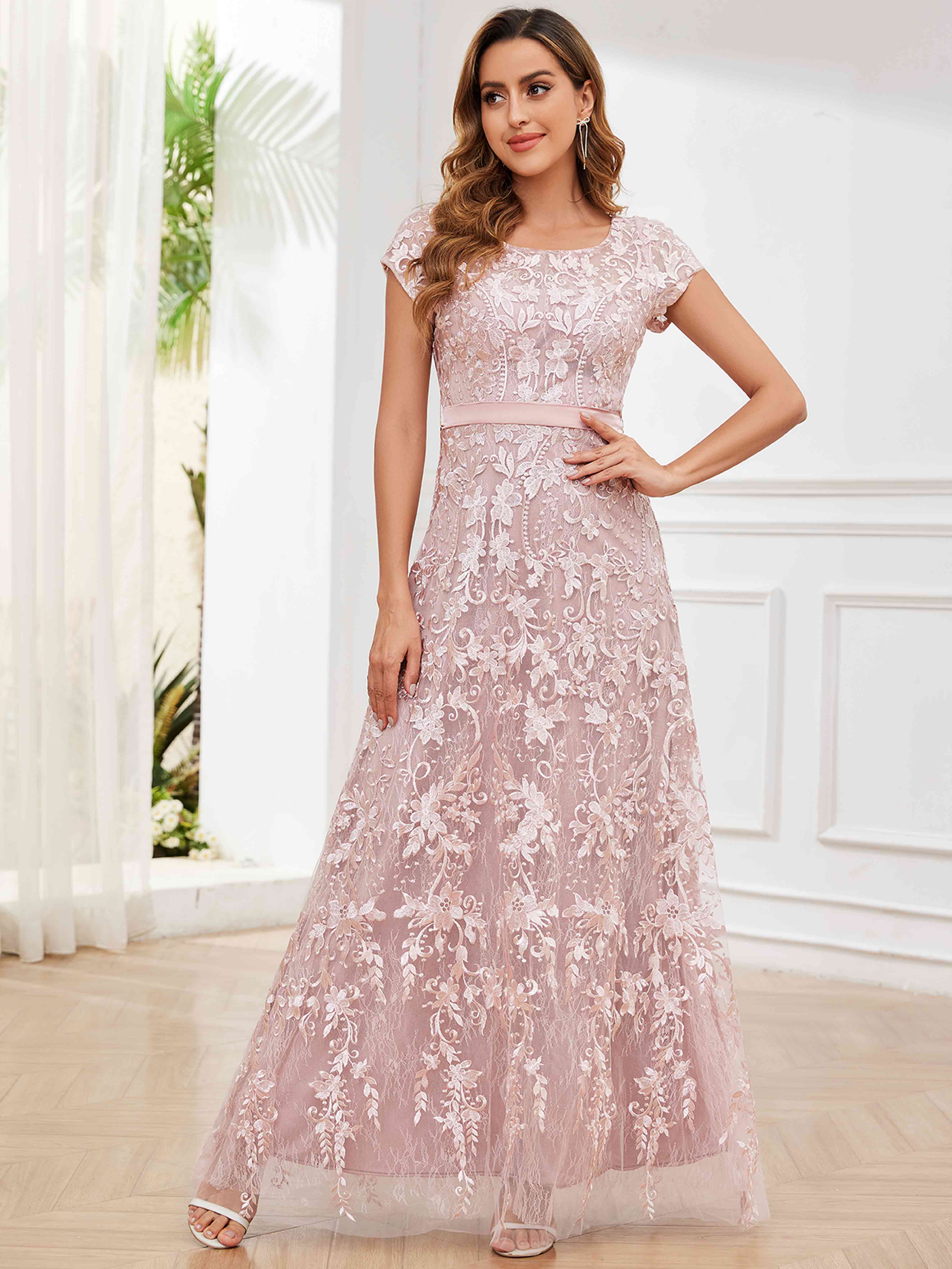 ROVDESY Elegant Lace Mother Of The Bride Dress With Short Sleeves Formal Gown