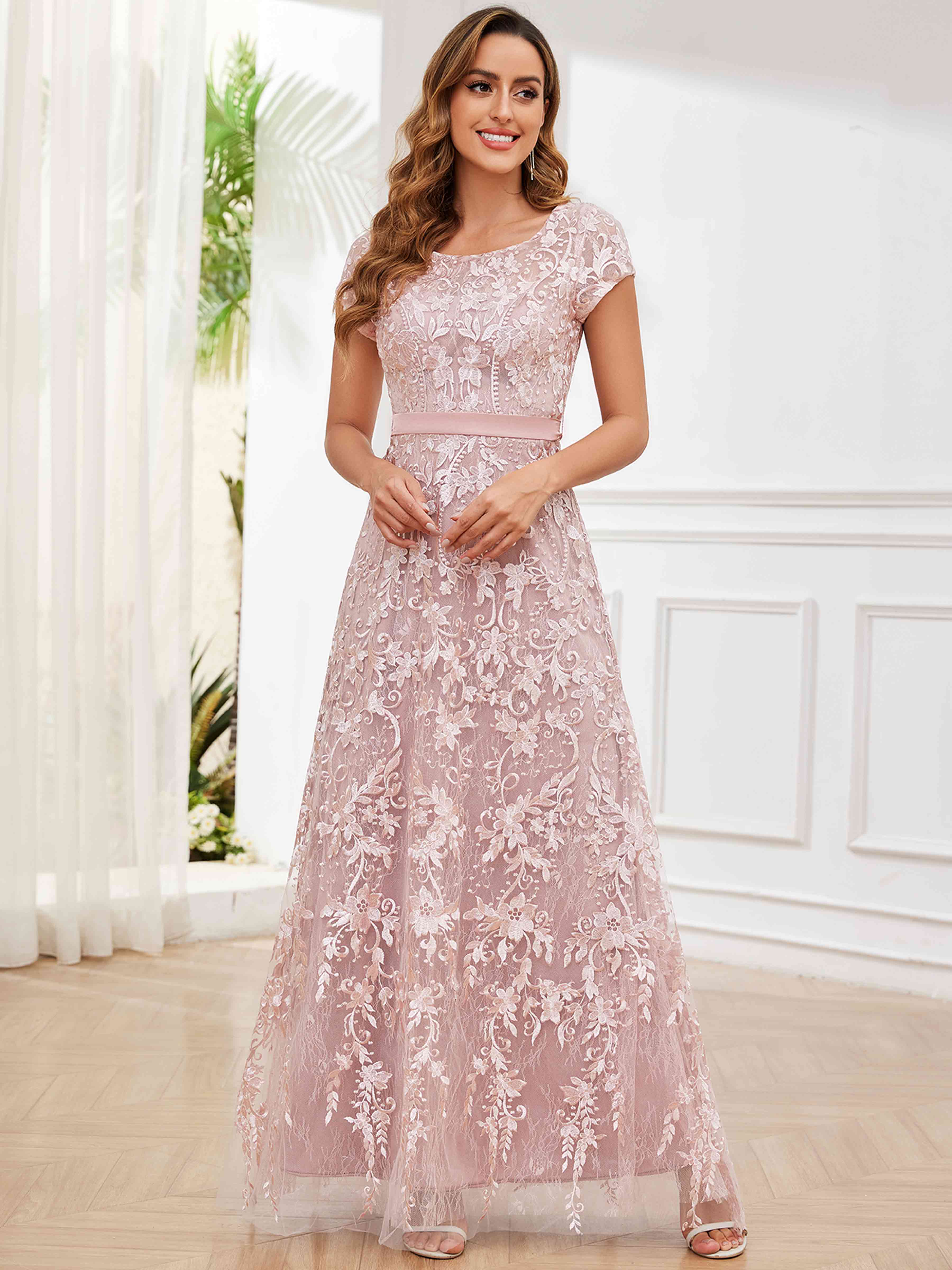 ROVDESY Elegant Lace Mother Of The Bride Dress With Short Sleeves Formal Gown
