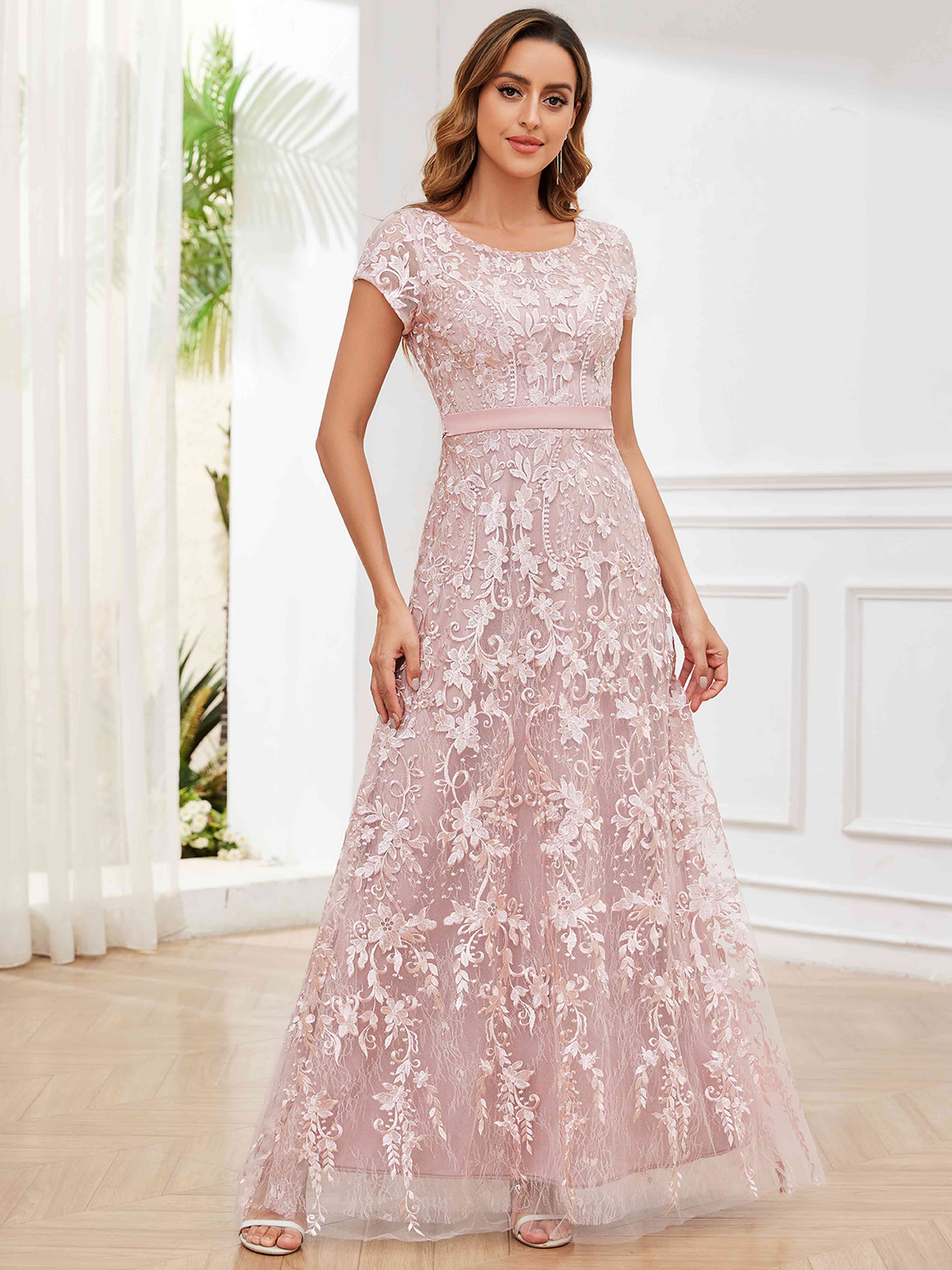 ROVDESY Elegant Lace Mother Of The Bride Dress With Short Sleeves Formal Gown