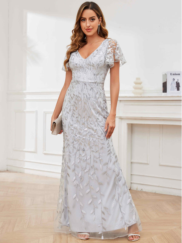 V-Neck Mermaid Sequin Mother Of The Bride Dress With Short Sleeves