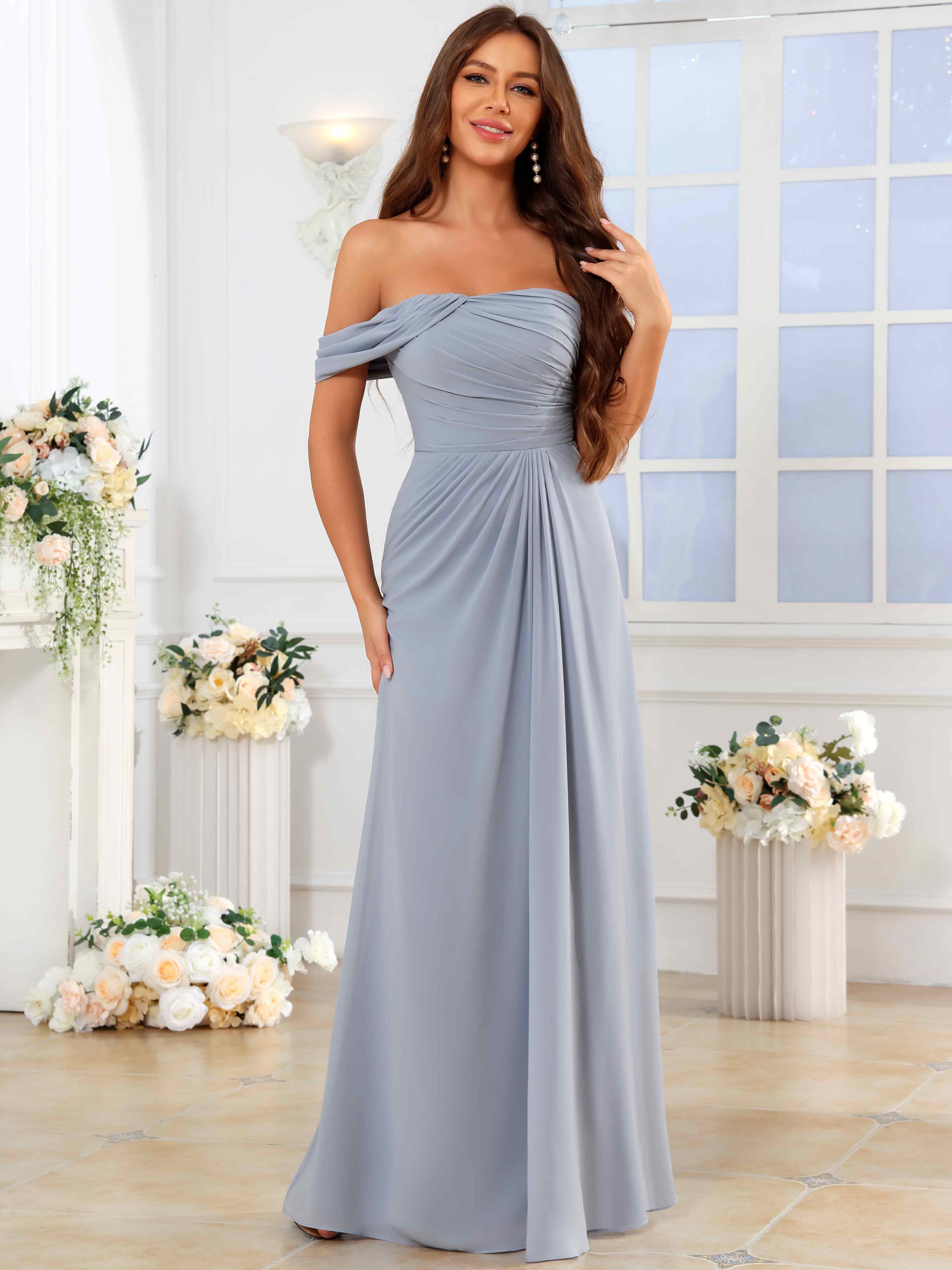 ROVDESY One Shoulder Off The Shoulder Pleated Chiffon Bridesmaid Dress