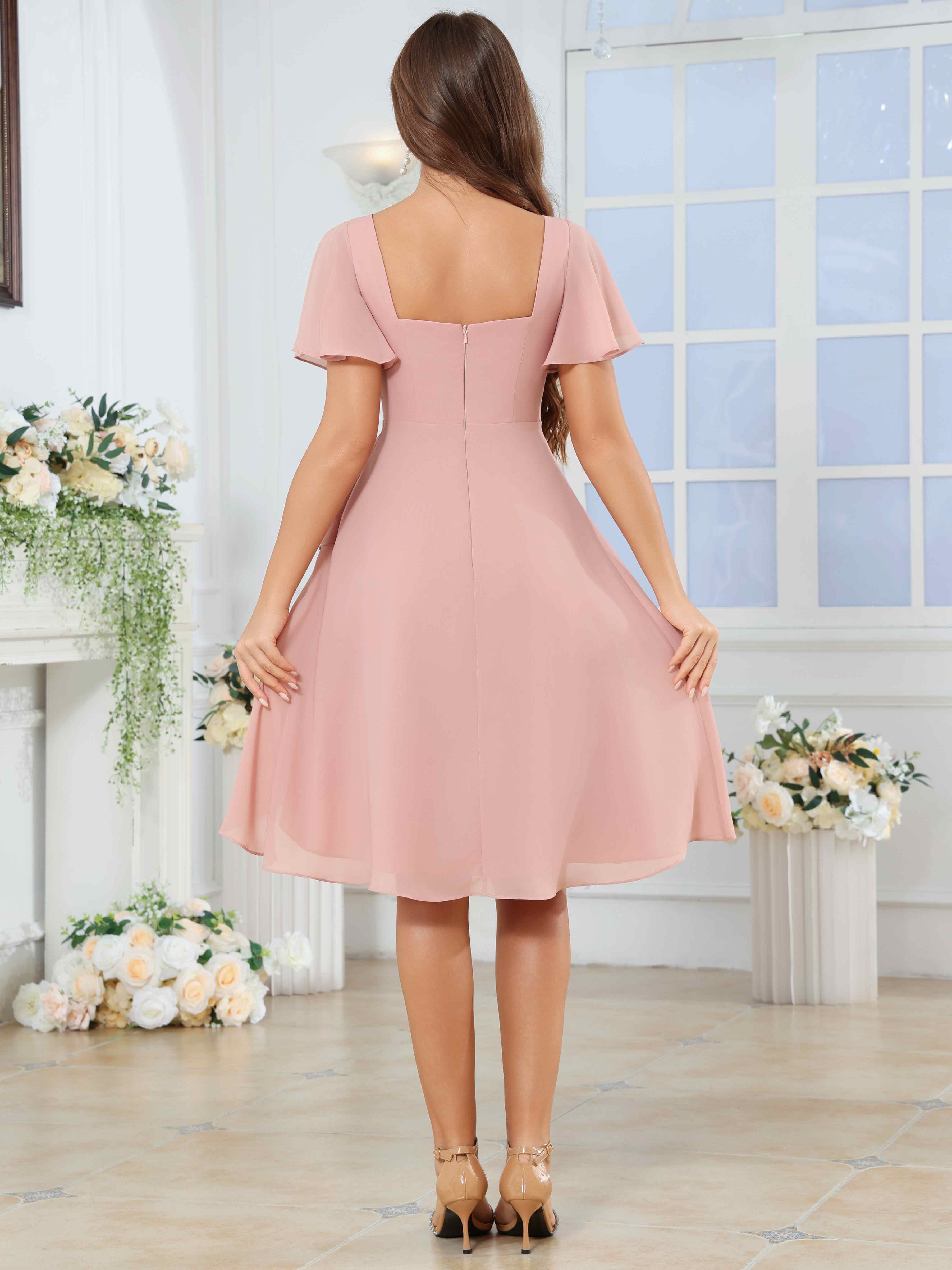 ROVDESY Knee Length V-Neck Pleated Chiffon Bridesmaid Dress With Short Sleeves