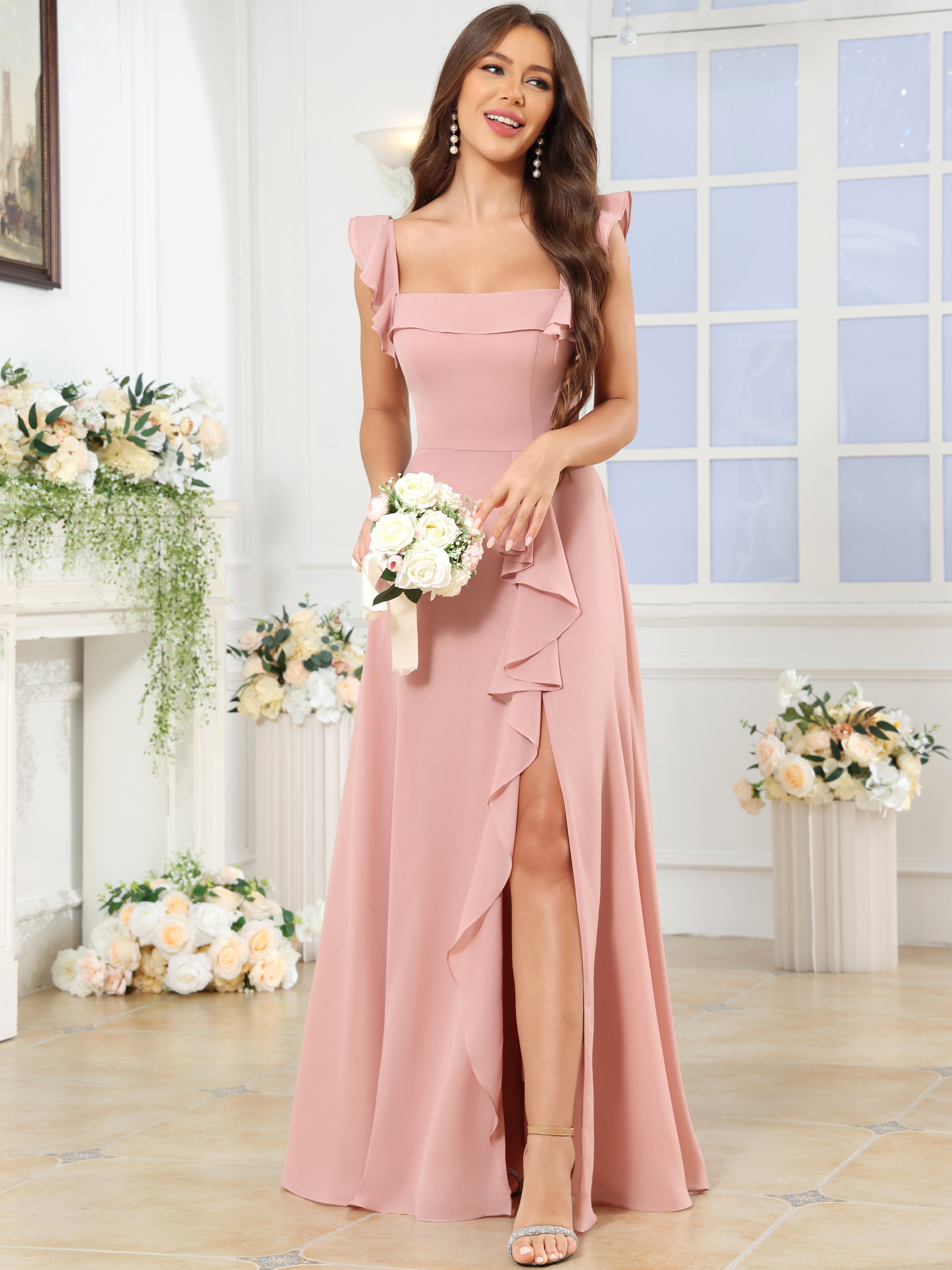 ROVDESY Square Neck Ruffle Chffion Bridesmaid Dress With Slit