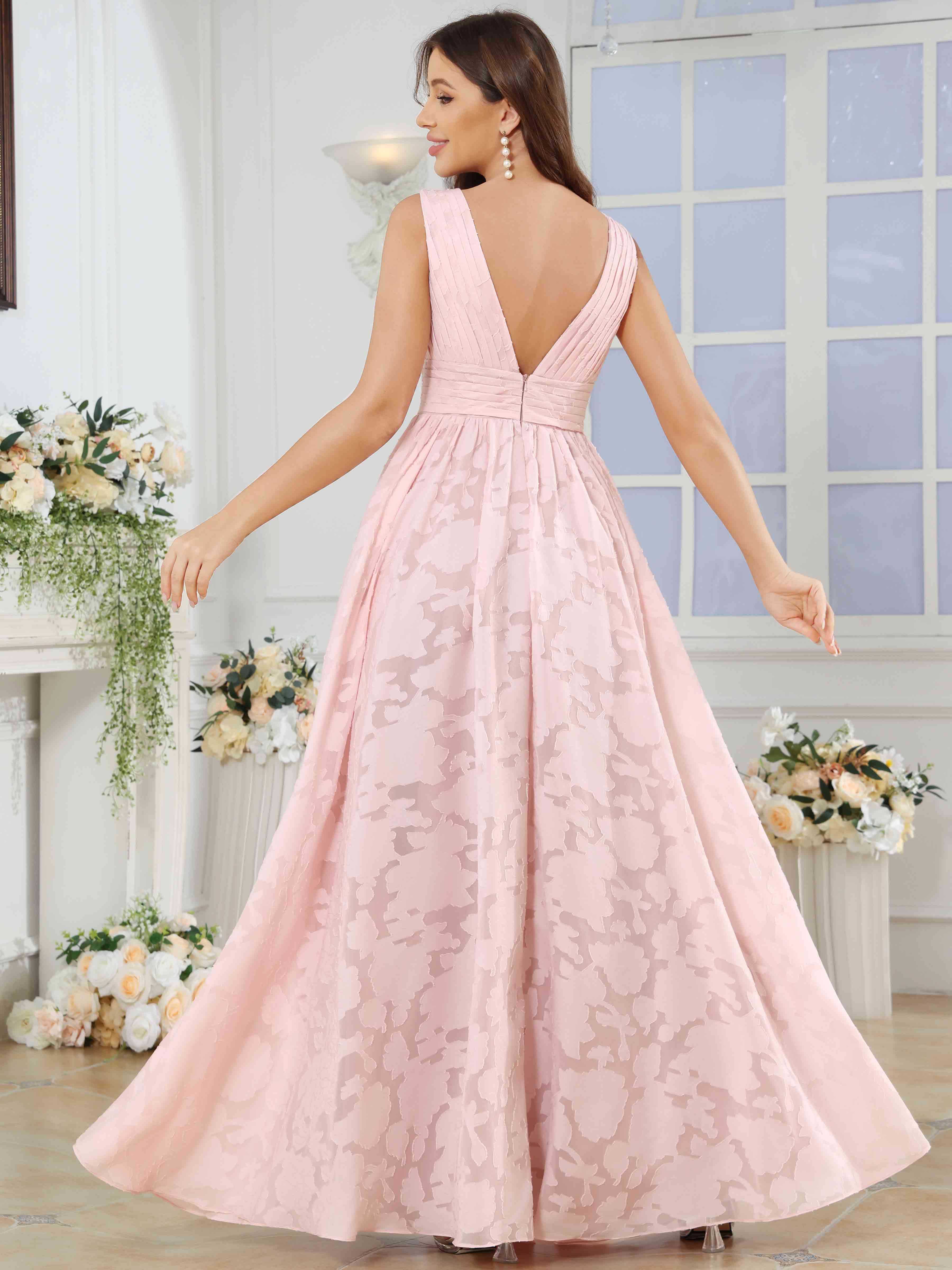 ROVDESY A-Line V-Neck Pleated Chiffon Jacquard Bridesmaid/Peom Dress With Slit