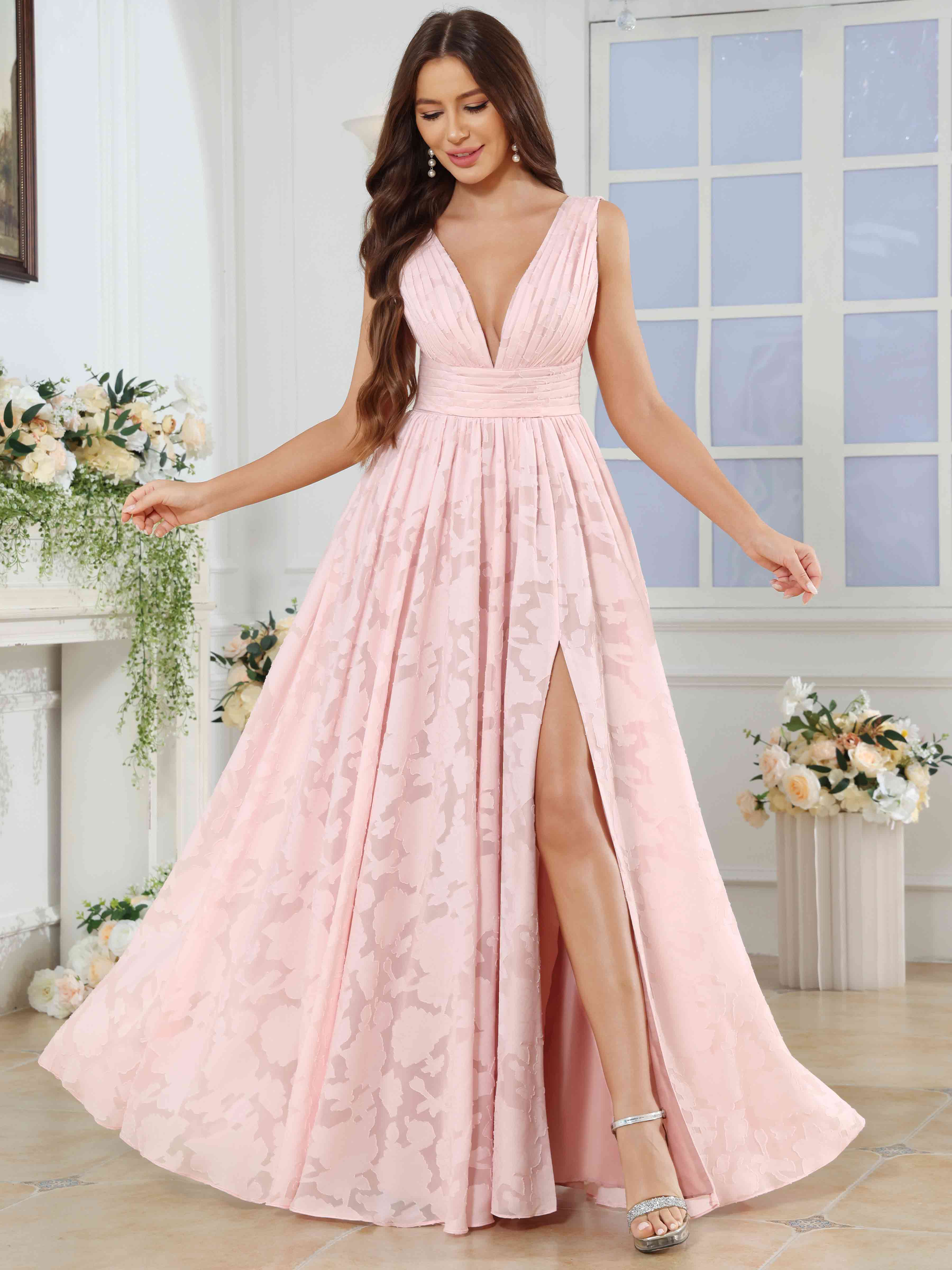 ROVDESY A-Line V-Neck Pleated Chiffon Jacquard Bridesmaid/Peom Dress With Slit