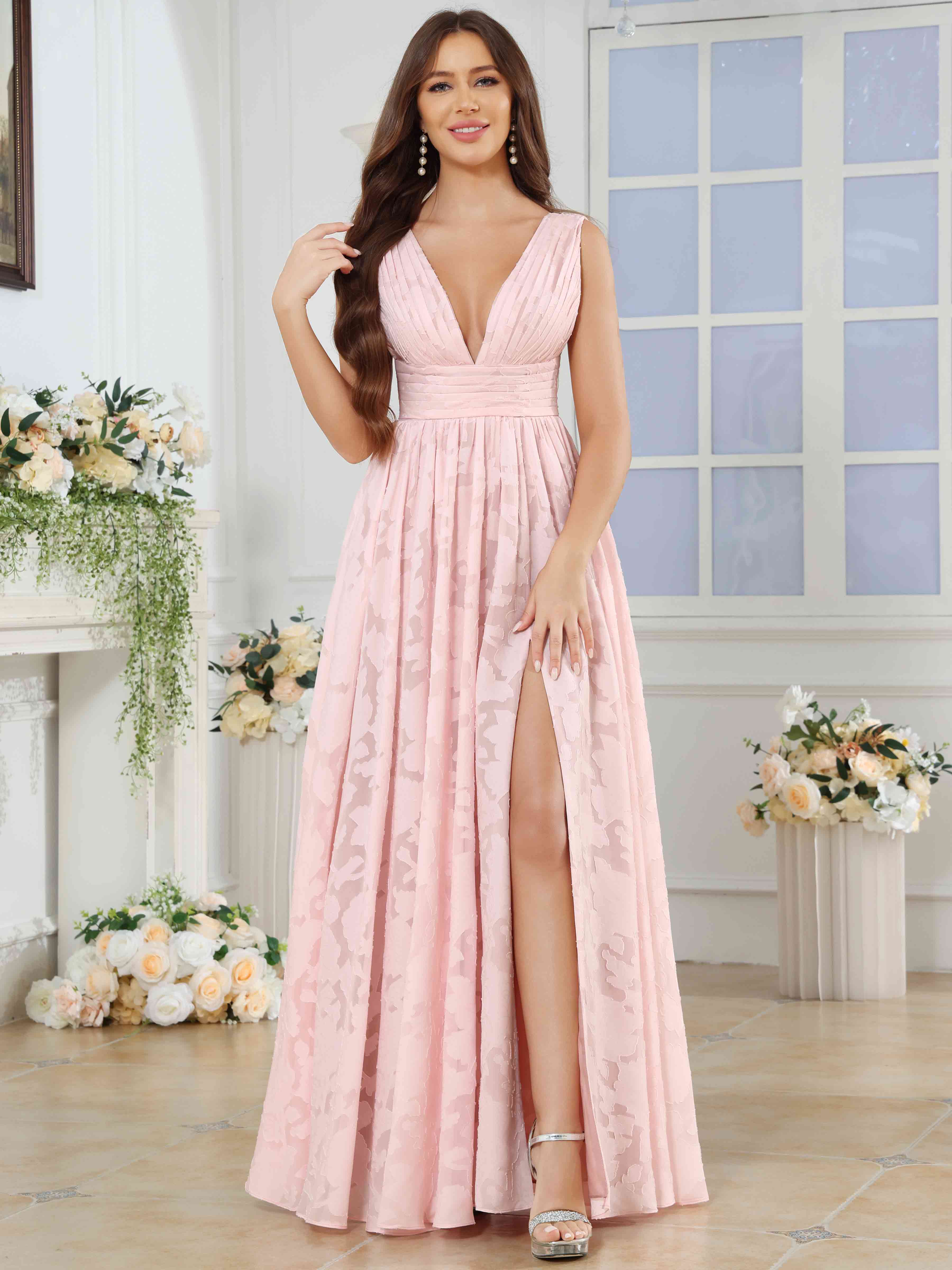 ROVDESY A-Line V-Neck Pleated Chiffon Jacquard Bridesmaid/Peom Dress With Slit