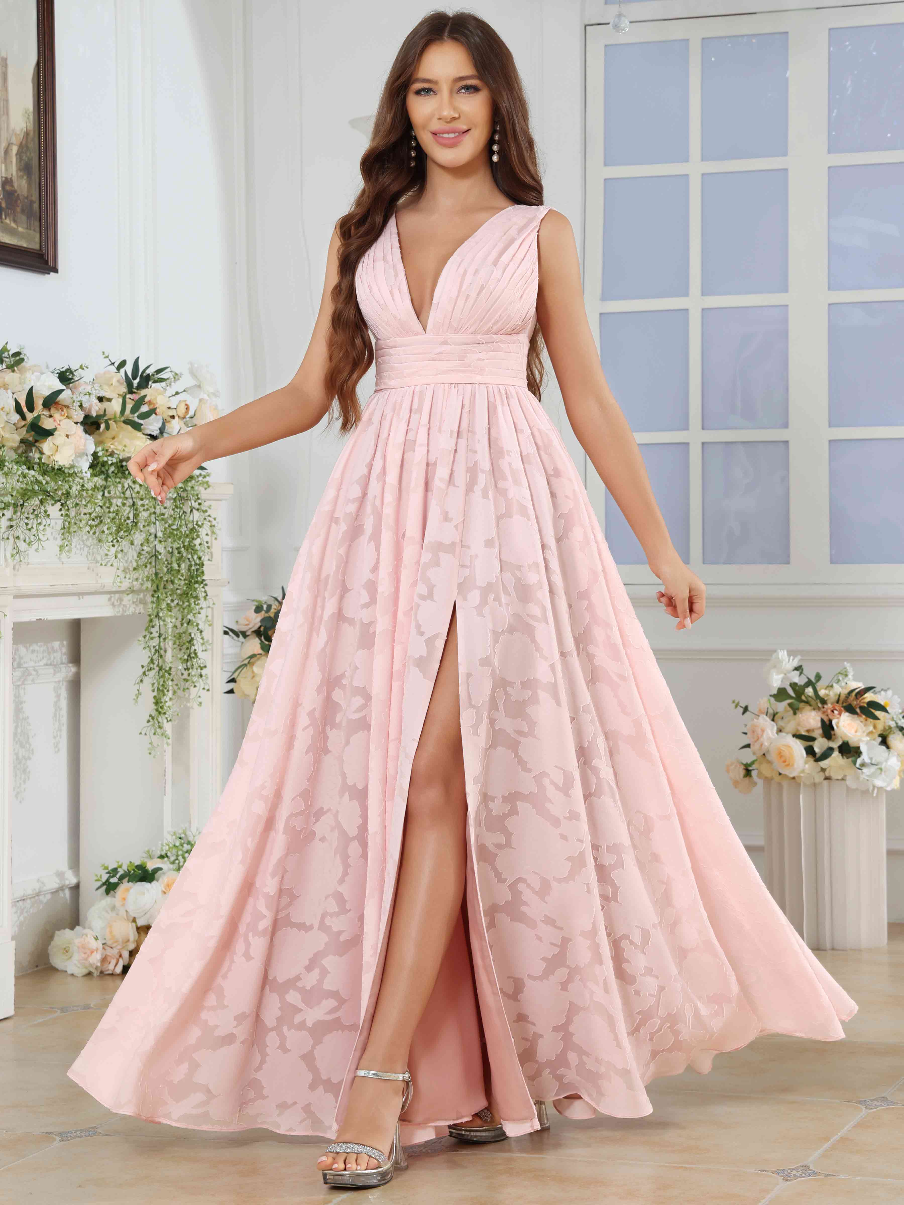 ROVDESY A-Line V-Neck Pleated Chiffon Jacquard Bridesmaid/Peom Dress With Slit