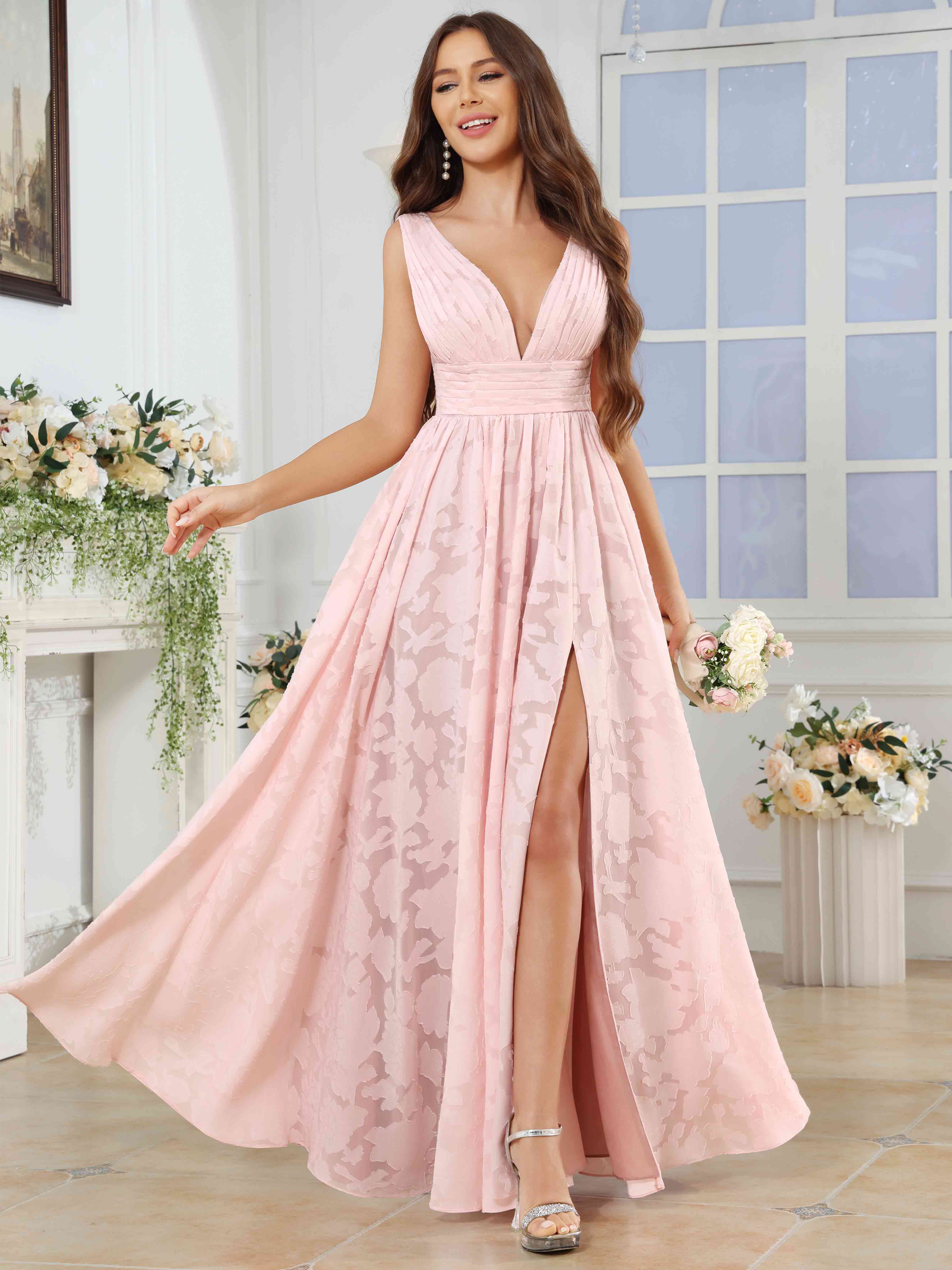ROVDESY A-Line V-Neck Pleated Chiffon Jacquard Bridesmaid/Peom Dress With Slit