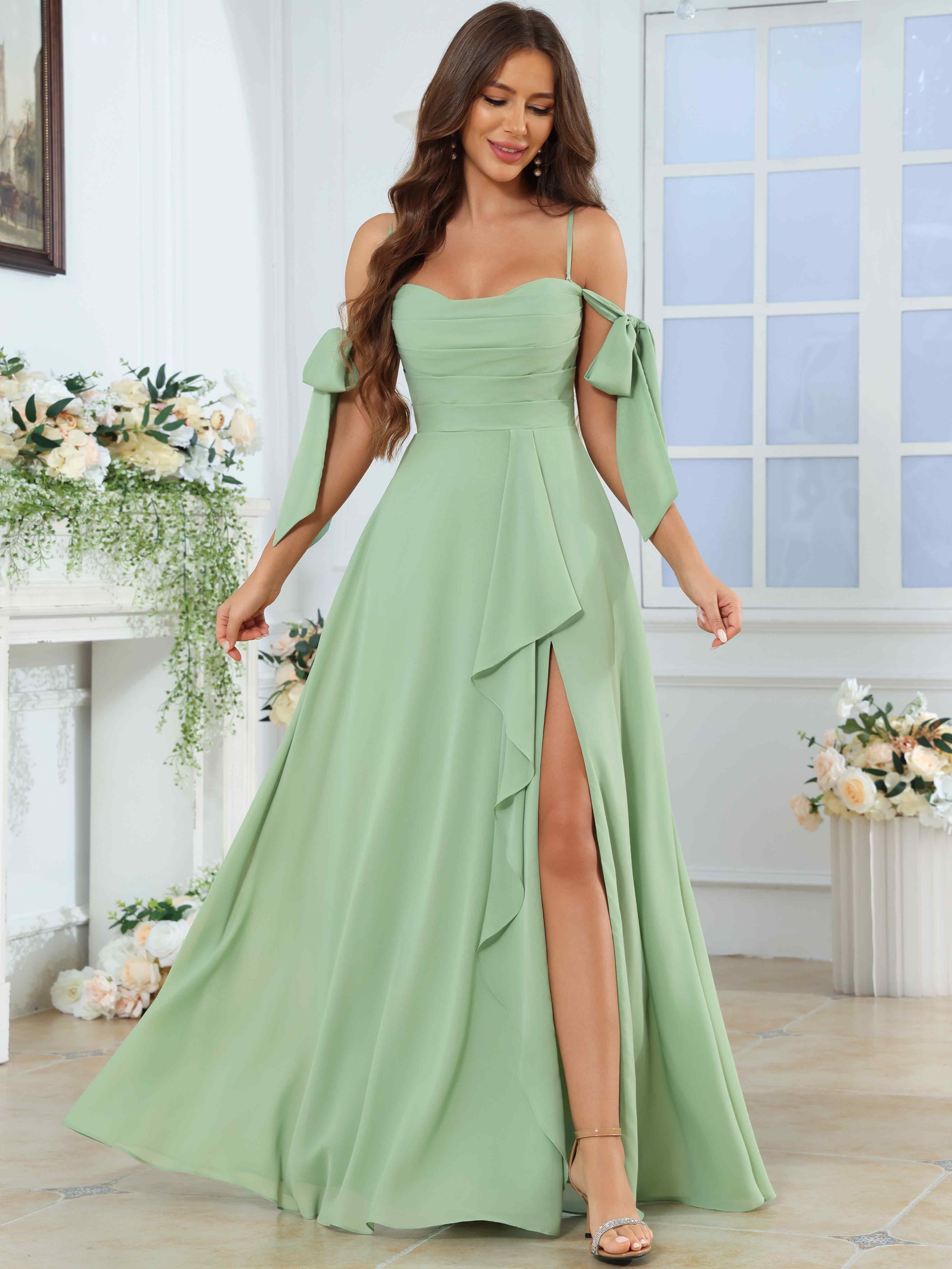 ROVDESY Spaghetti Strap Pleated Ruffle Slit Chiffon Bridesmaid Dress With Bow Sleeves