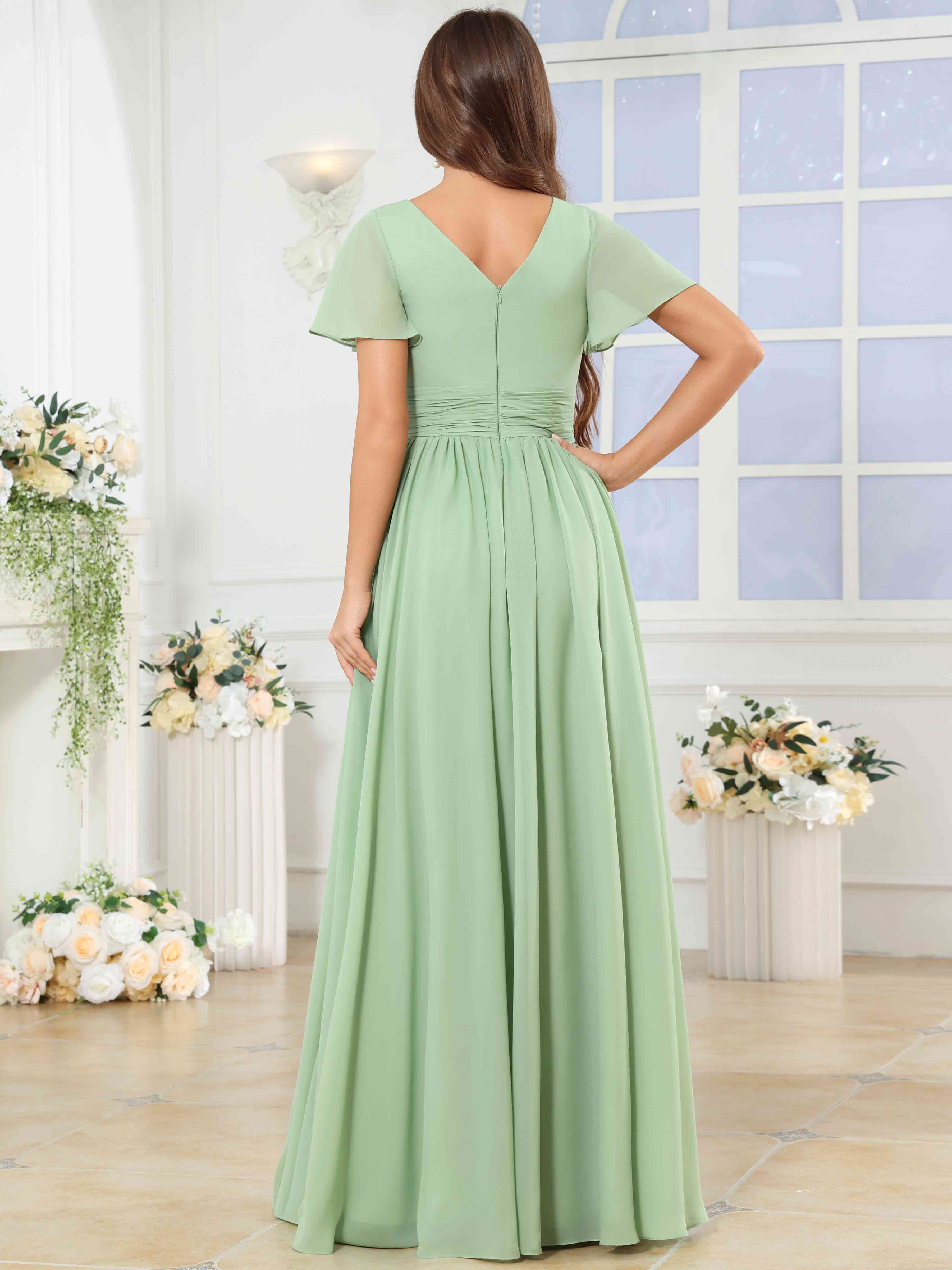ROVDESY A-Line V-Neck Slit Pleated Ruffle Chiffon Bridesmaid Dress With Short Sleeves