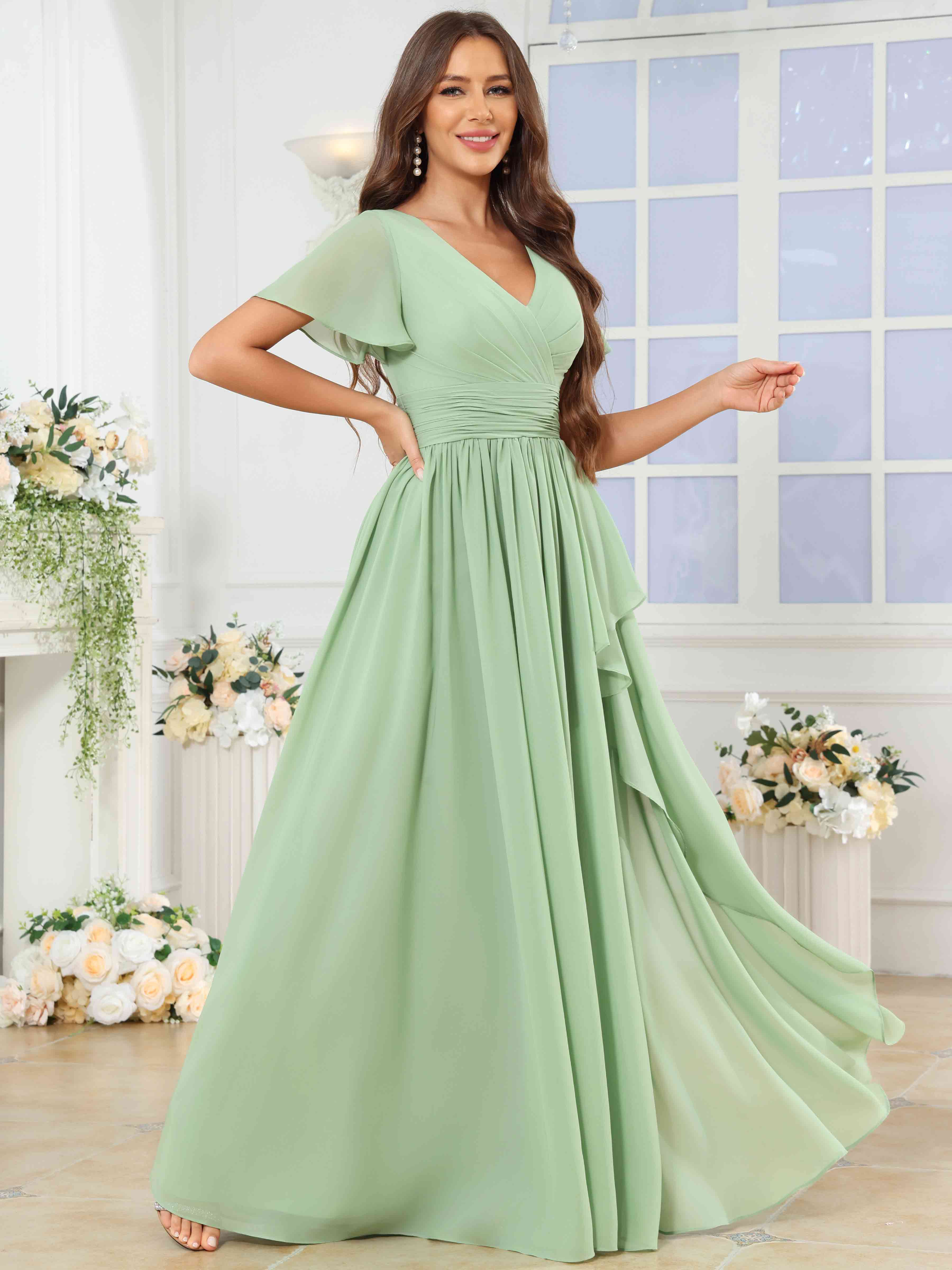 ROVDESY A-Line V-Neck Slit Pleated Ruffle Chiffon Bridesmaid Dress With Short Sleeves
