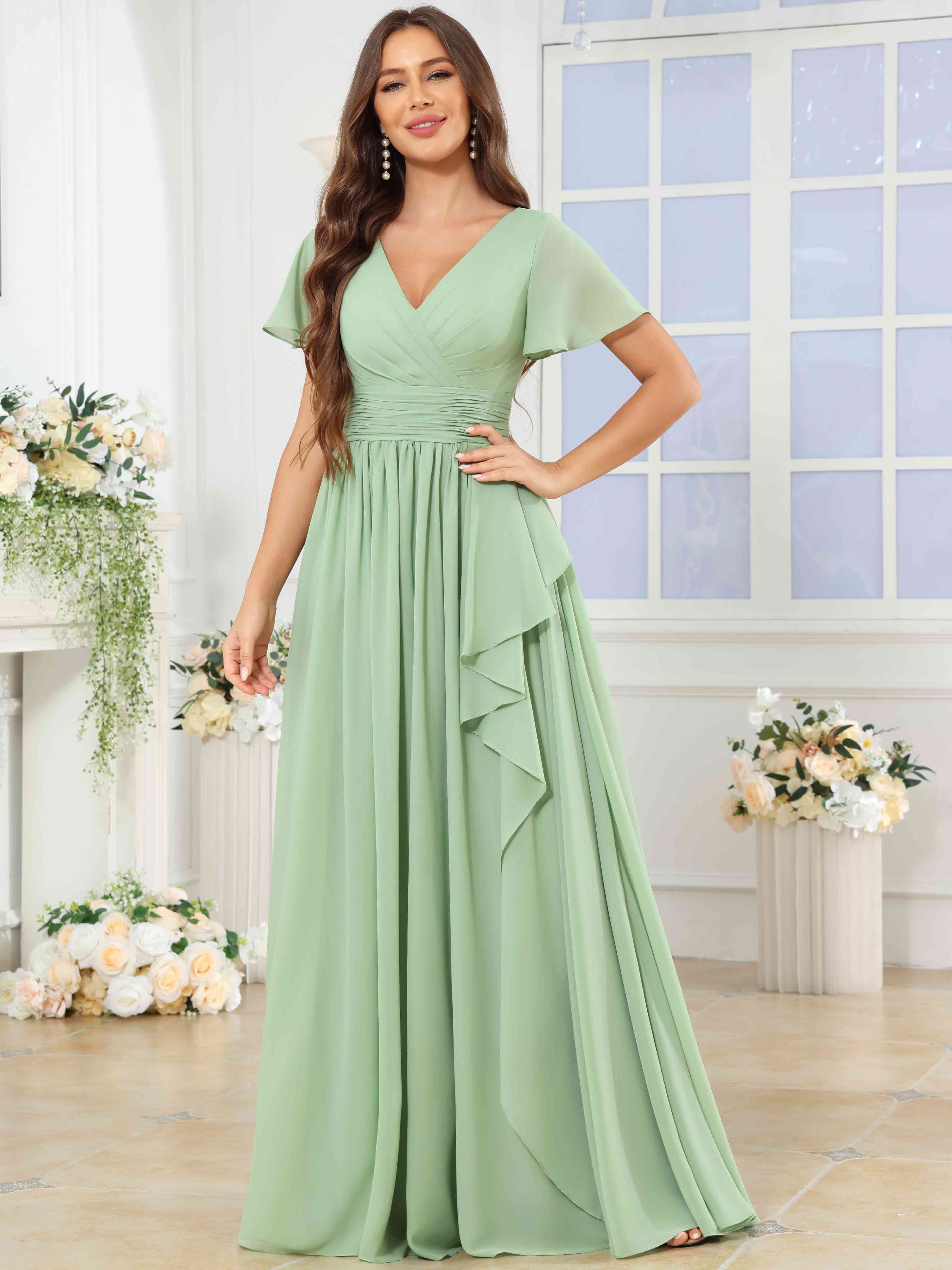 ROVDESY A-Line V-Neck Slit Pleated Ruffle Chiffon Bridesmaid Dress With Short Sleeves