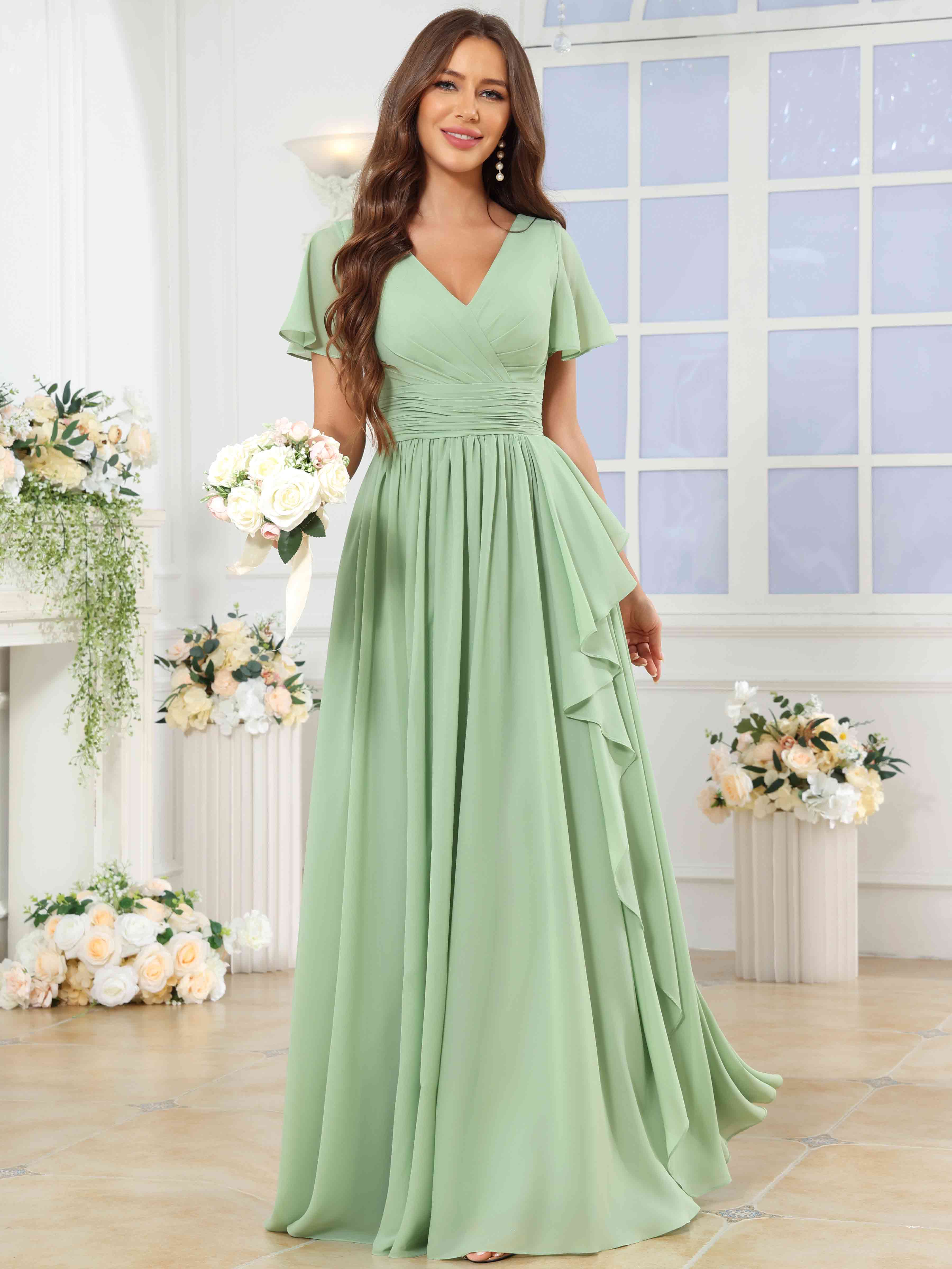 ROVDESY A-Line V-Neck Slit Pleated Ruffle Chiffon Bridesmaid Dress With Short Sleeves