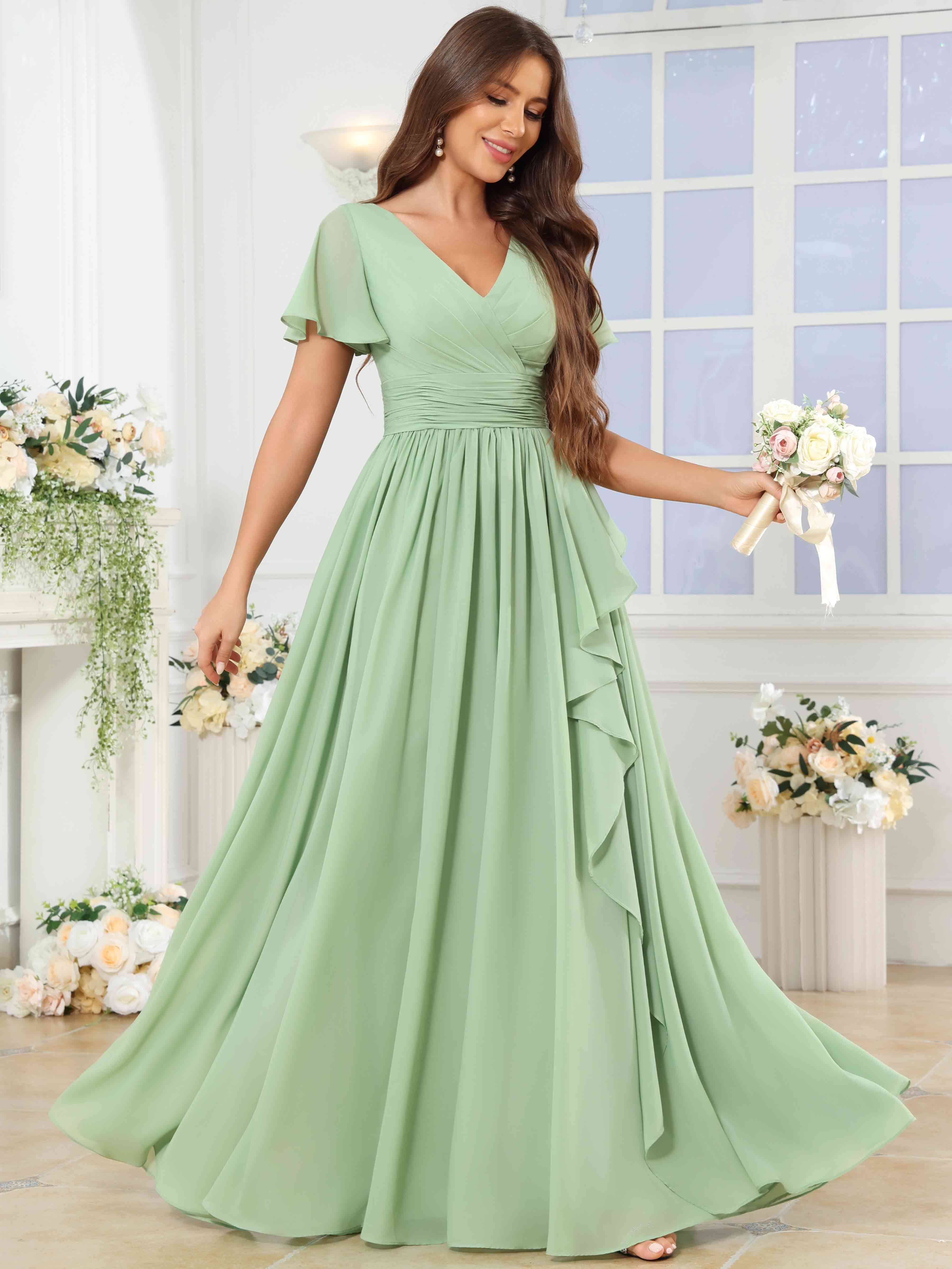 ROVDESY A-Line V-Neck Slit Pleated Ruffle Chiffon Bridesmaid Dress With Short Sleeves