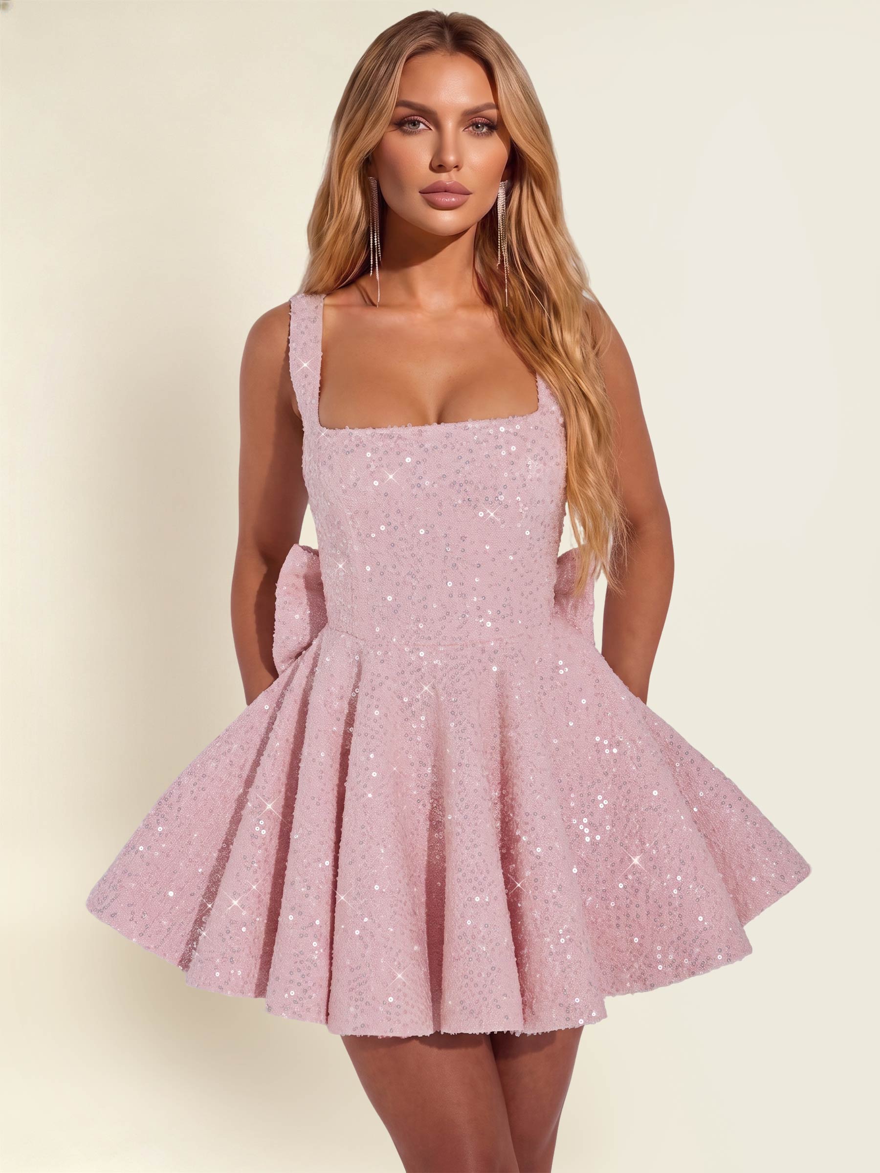 ROVDESY Sparkly Sequin A-Line Square Neck Homecoming Mini Dress With Big Bow