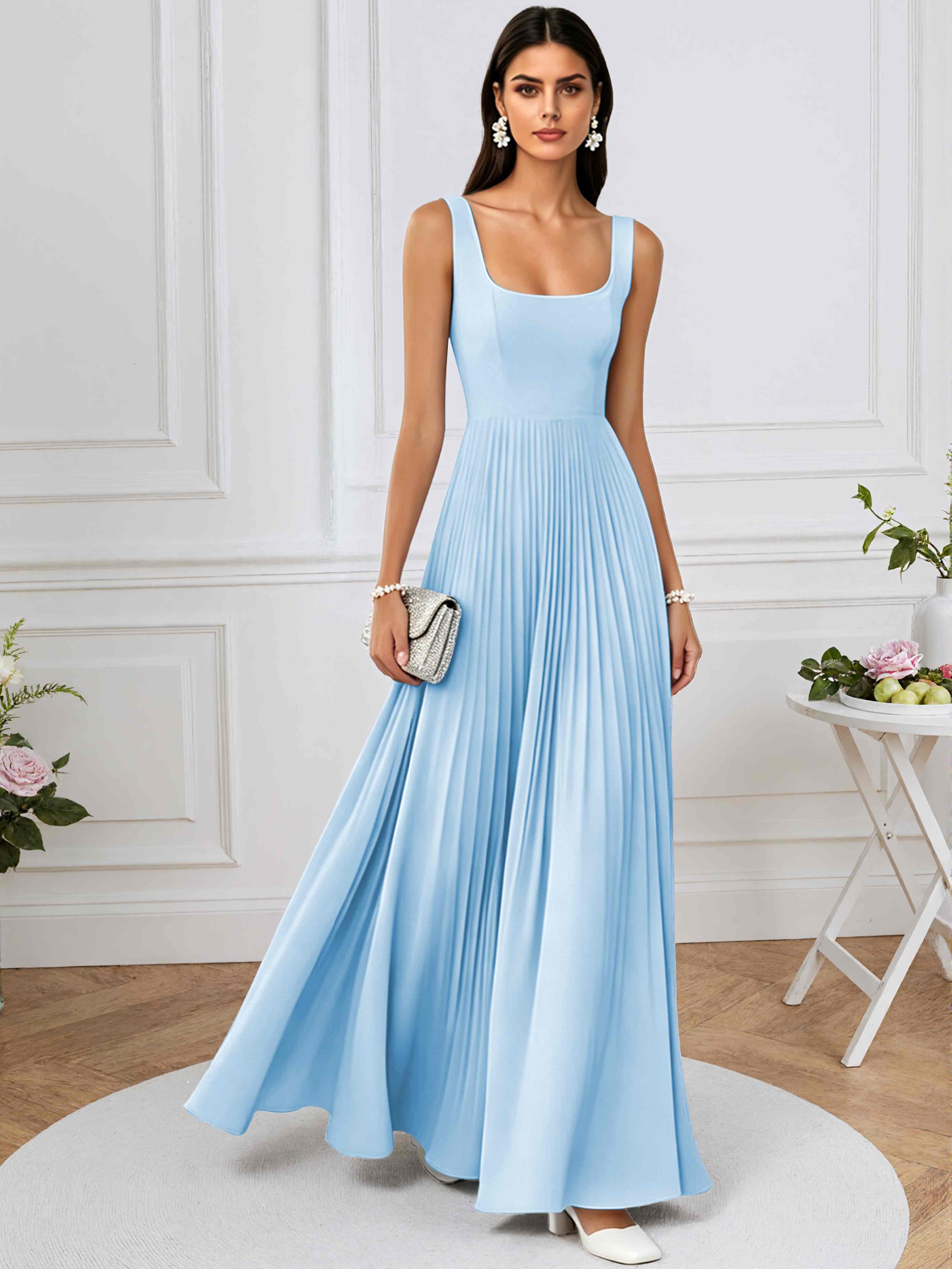 ROVDESY A-Line Square Neck Pleated Chiffon Long Bridesmaid/Prom Dress
