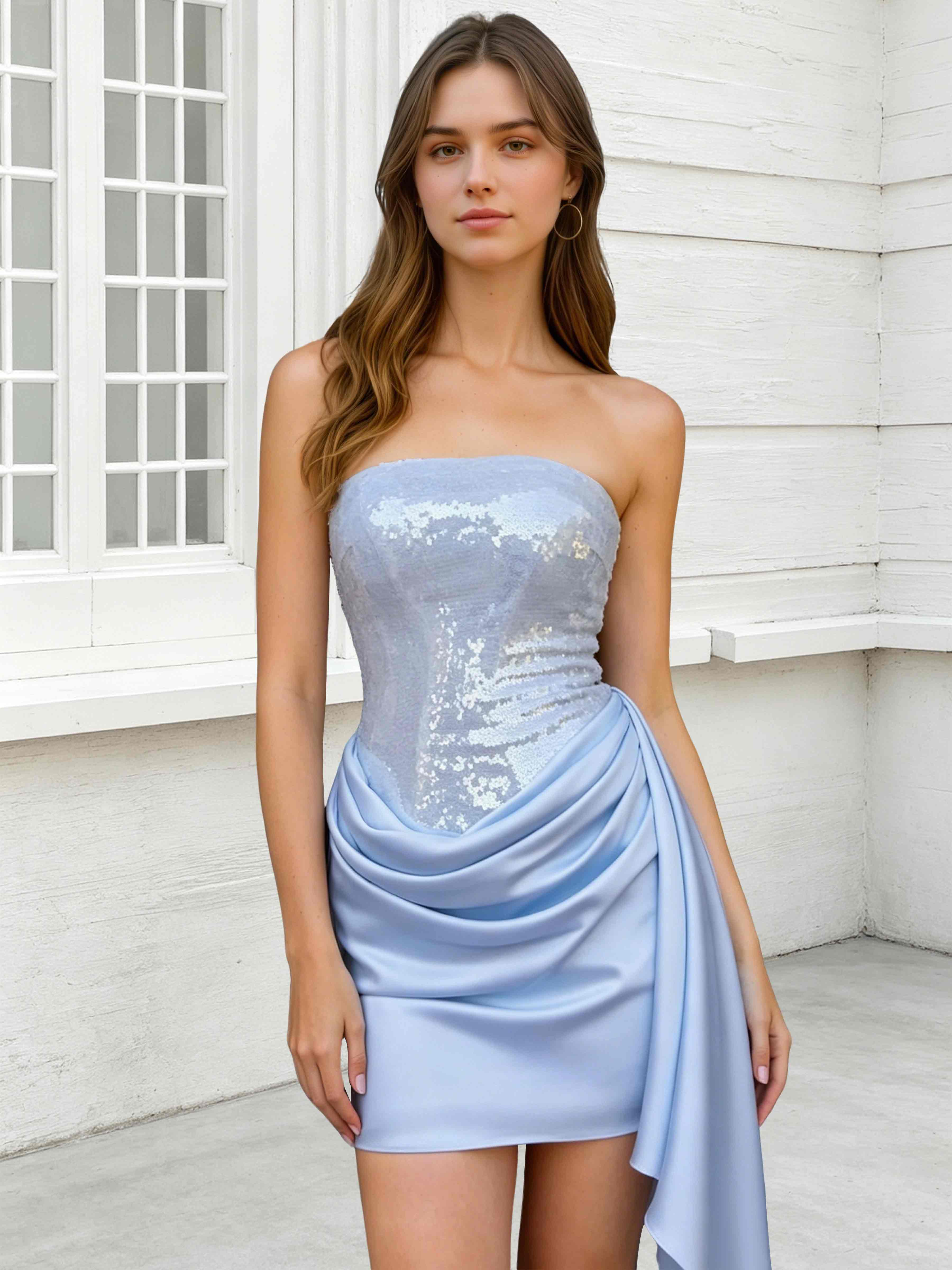 ROVDES Strapless Sequin Satin Tight Homecoming Mini Dress With Side Sash