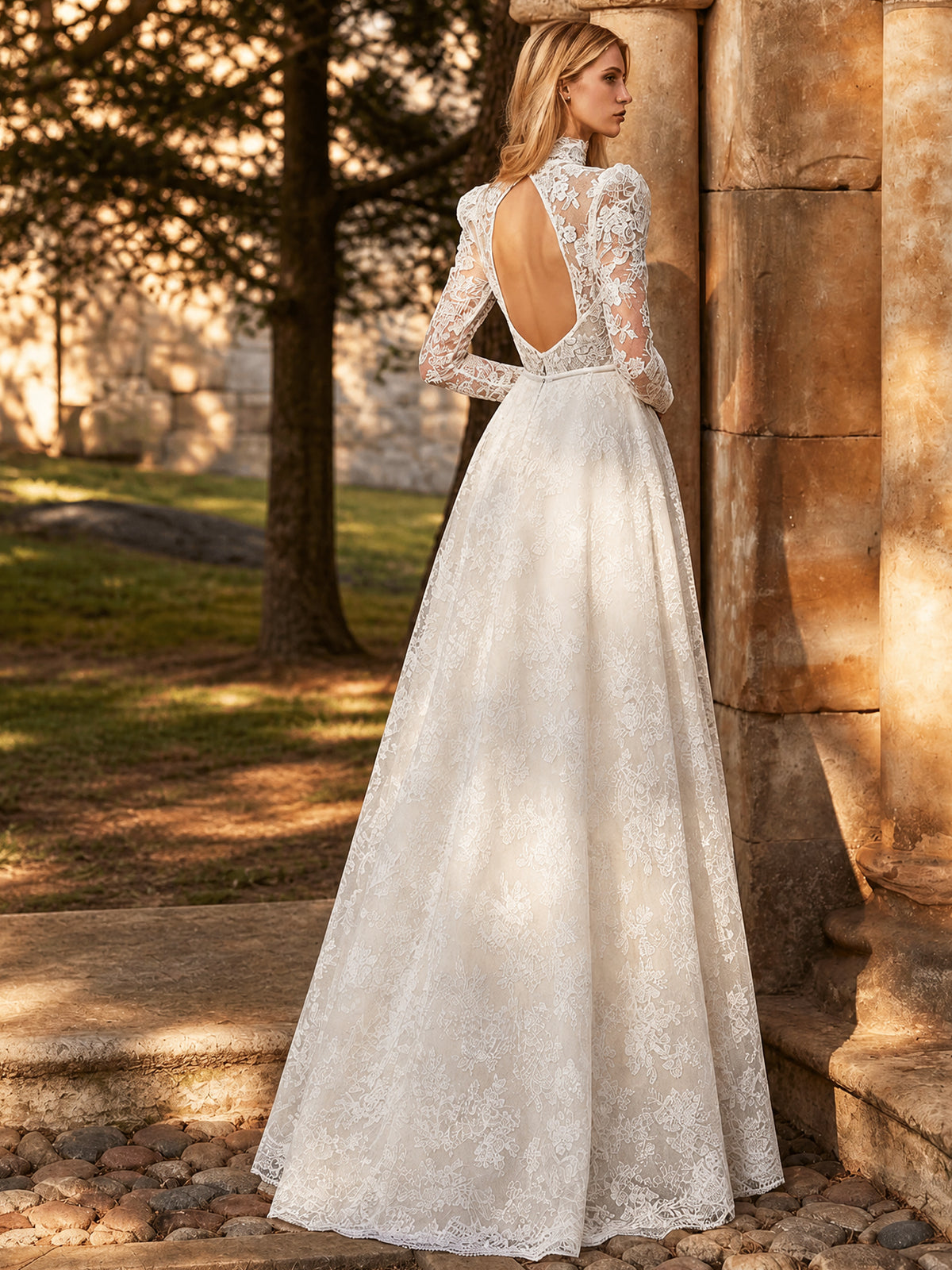 A-Line High‑Neck Long Sleeve Lace Wedding Dress With Open Back