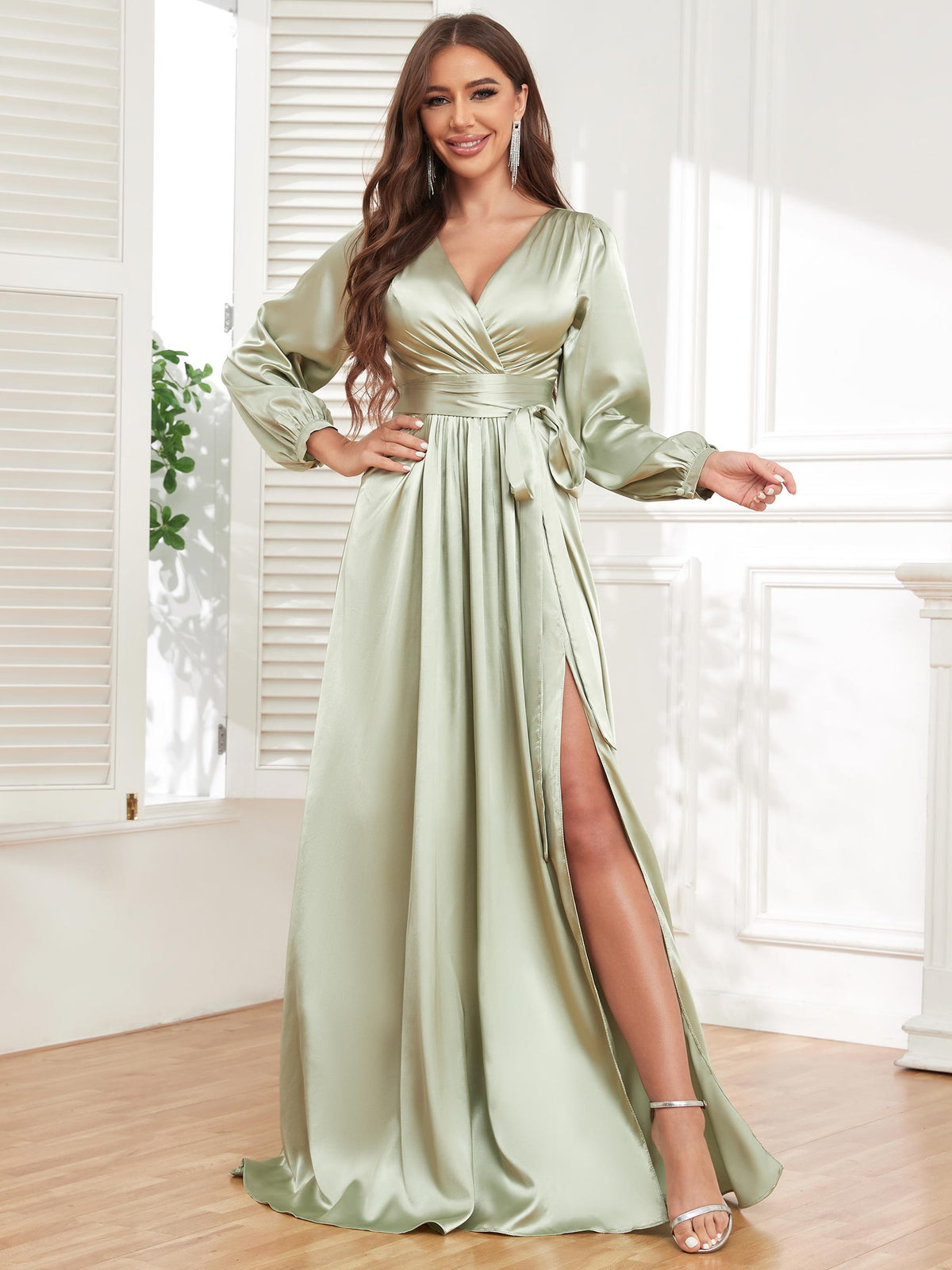 V Neck Satin Long Sleeve Bridesmaid Dress with Slit