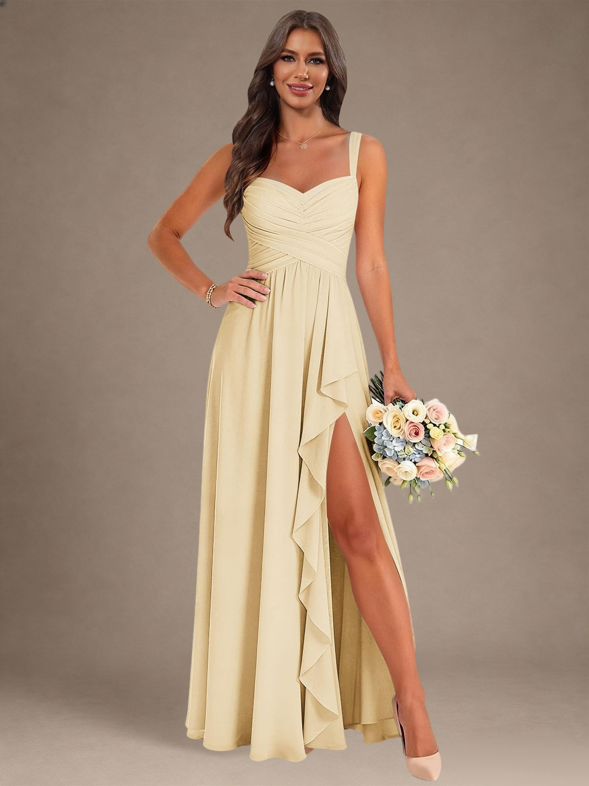 Sweetheart Ruffle Chiffon Bridesmaid Dress With Slit
