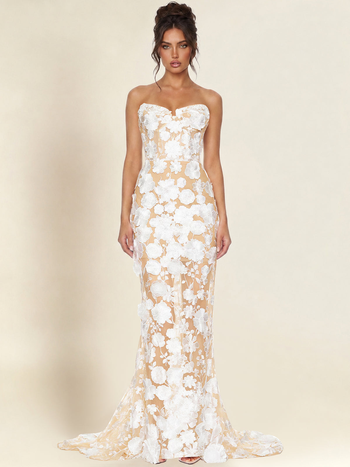 Strapless 3D Floral Lace Mermaid Long Formal Dress With Corset Back