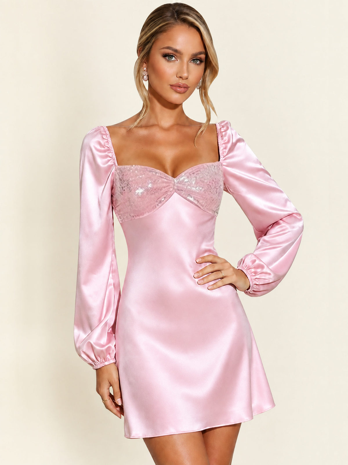 Sweetheart Long Sleeve Sequin Satin Homecoming Mini Dress